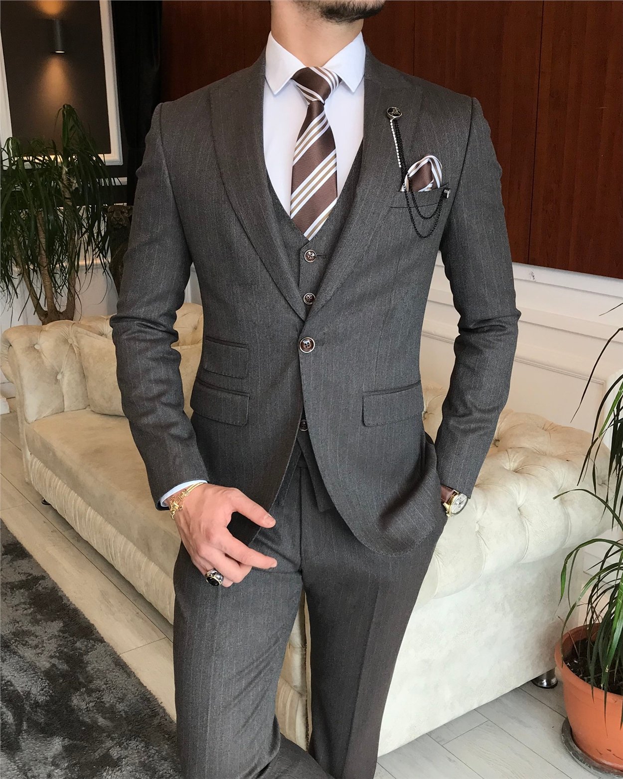 İtalyan stil slim çizgili ceket yelek pantolon takım elbise Kahverengi T6649