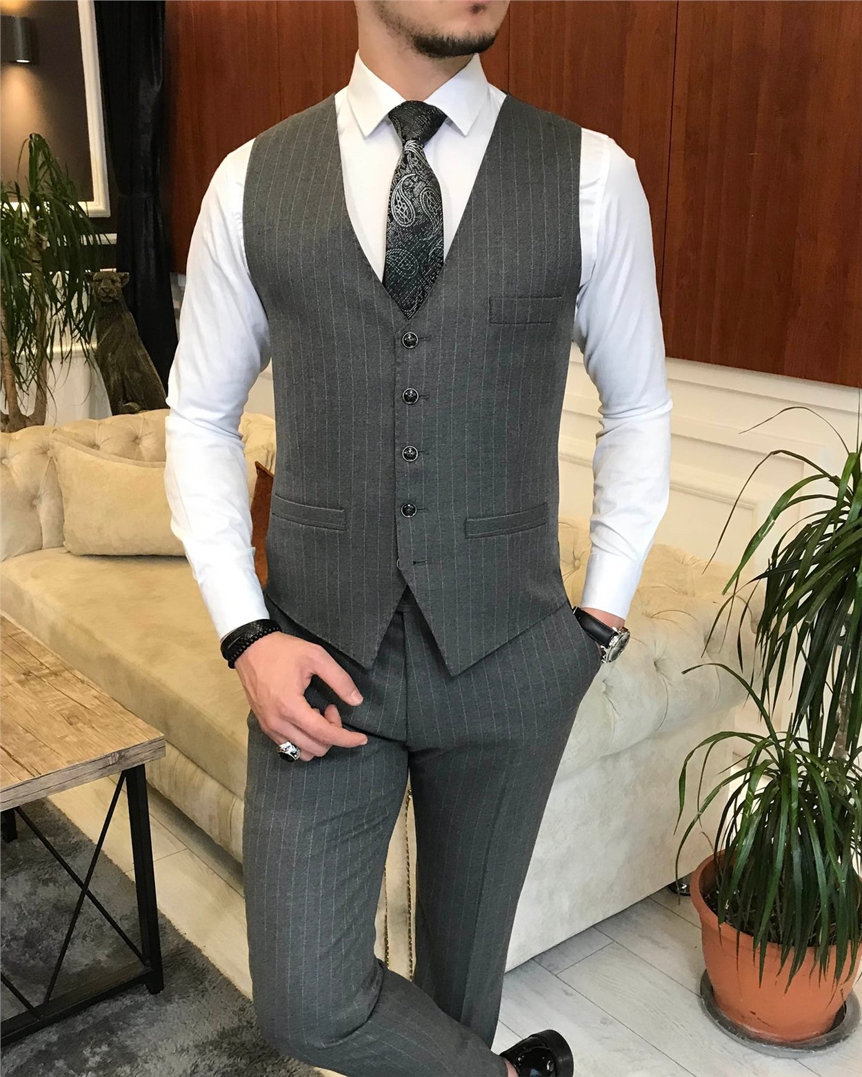 İtalyan stil slim çizgili ceket yelek pantolon takım elbise Gri T6650