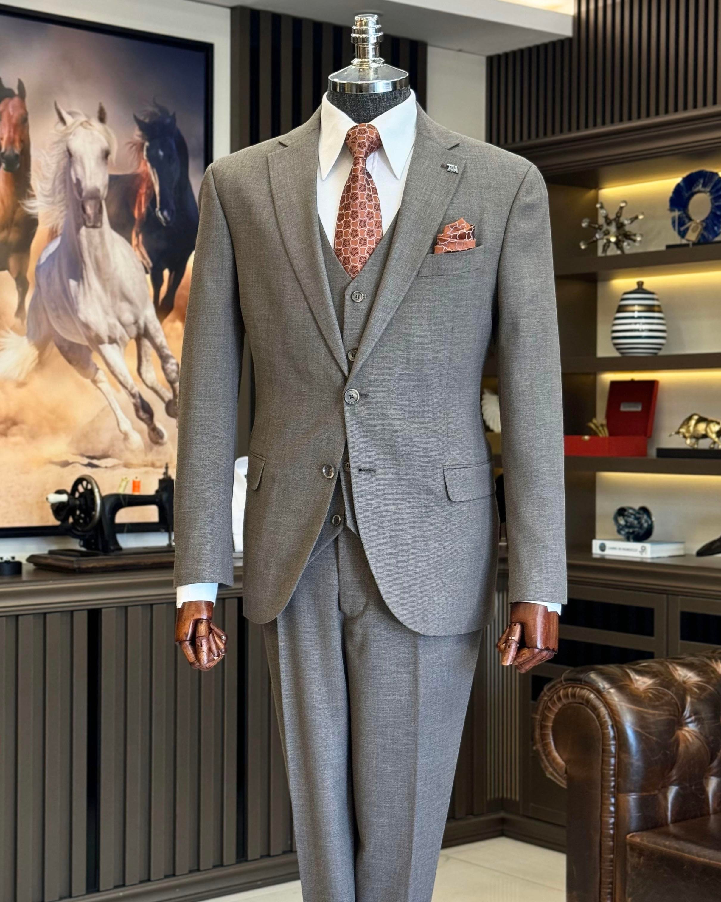 İtalyan stil slim fit 4 drop ceket yelek pantolon takım elbise kahverengi T12140