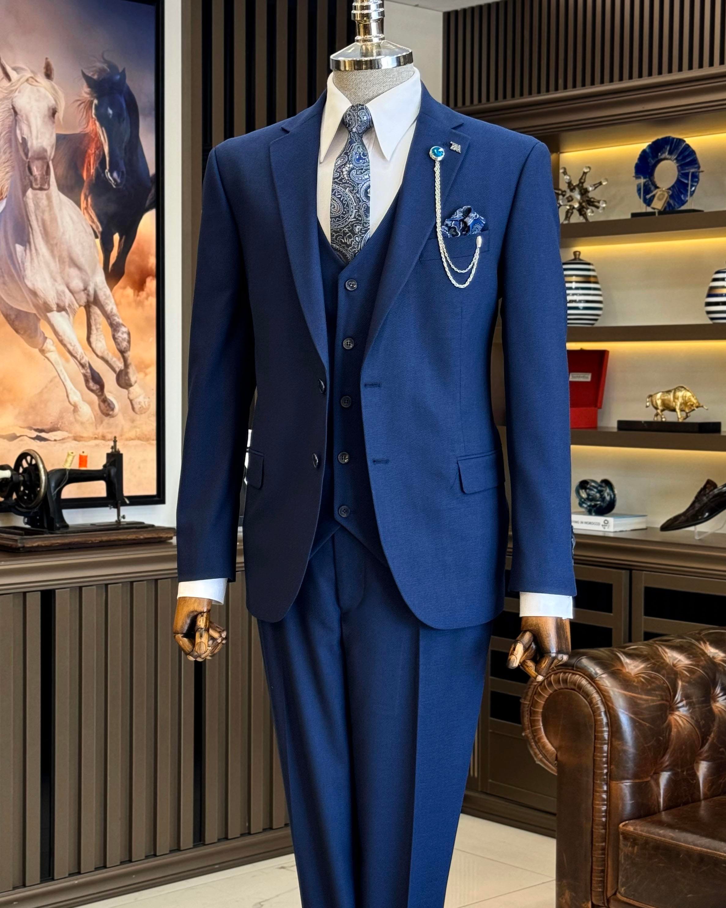 İtalyan stil slim fit 4 drop ceket yelek pantolon takım elbise lacivert T12107