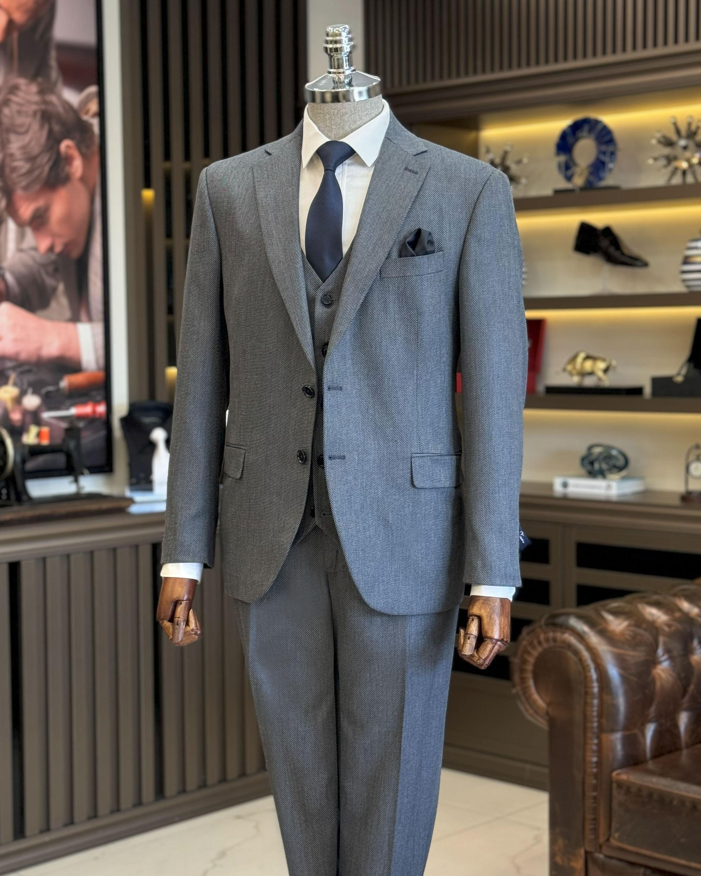İtalyan stil slim fit 4 drop ceket yelek pantolon takım elbise lacivert T12134