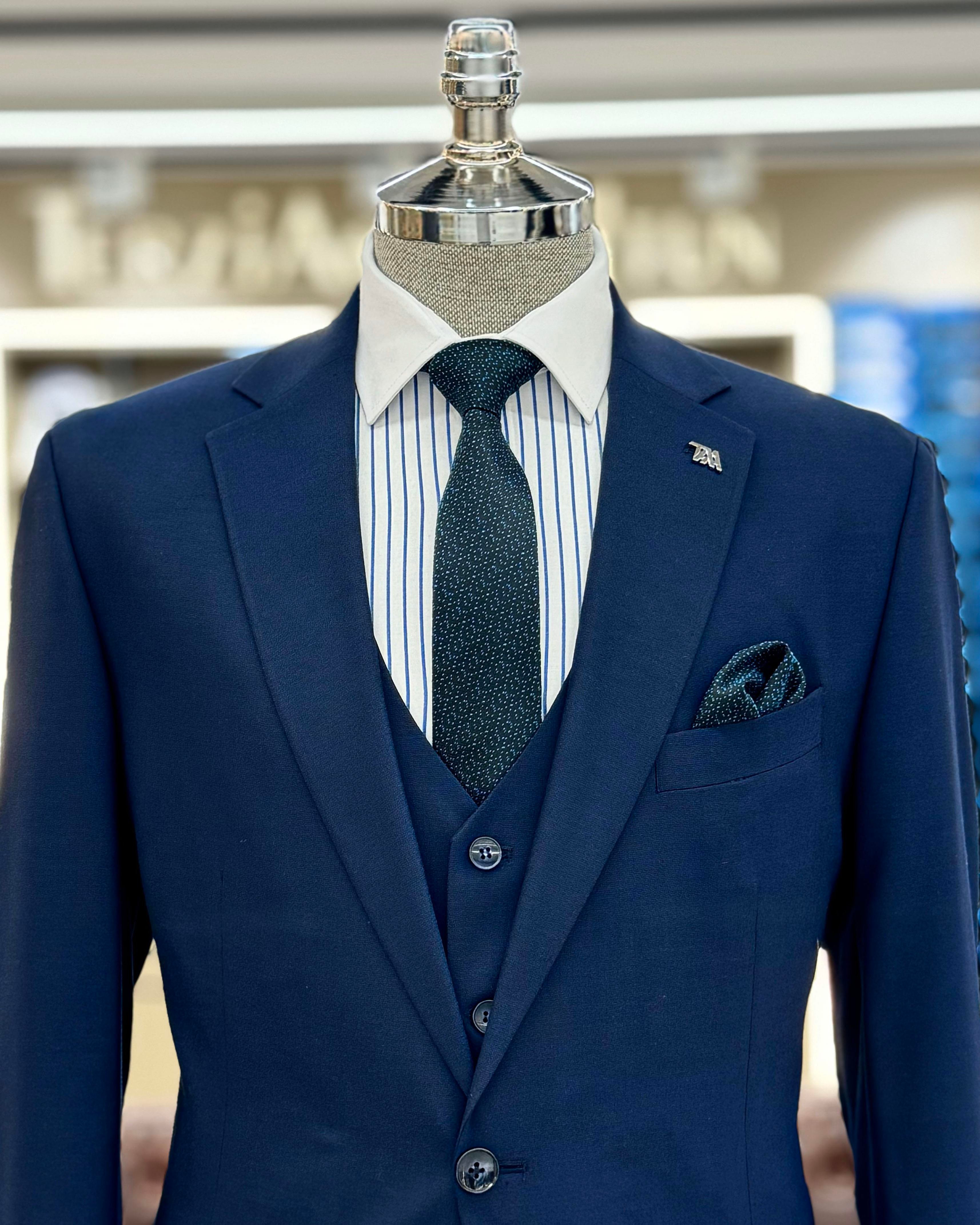 İtalyan stil slim fit 4 drop ceket yelek pantolon takım elbise lacivert T12108