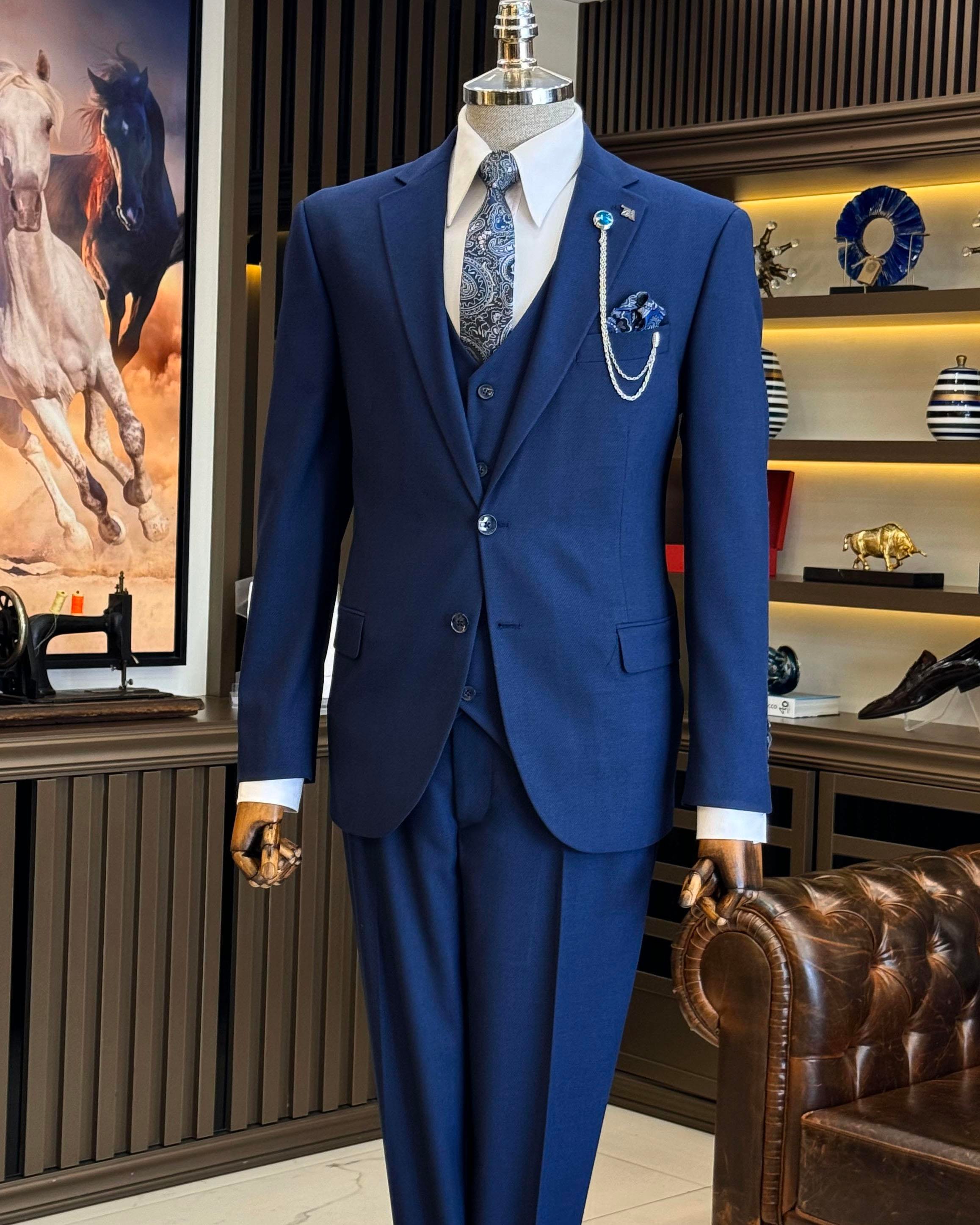 İtalyan stil slim fit 4 drop ceket yelek pantolon takım elbise lacivert T12107
