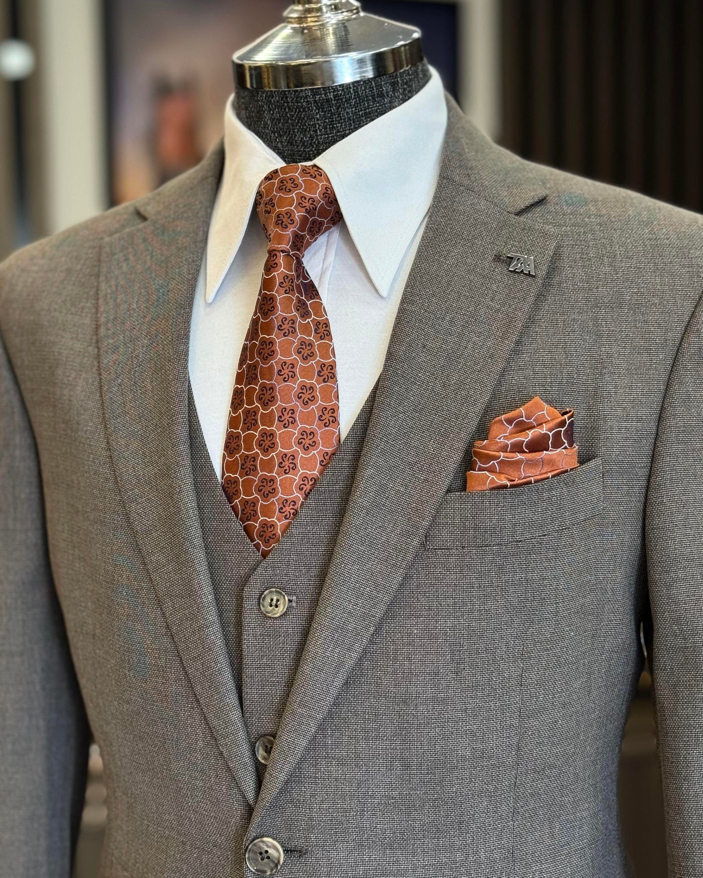 İtalyan stil slim fit 4 drop ceket yelek pantolon takım elbise kahverengi T12140