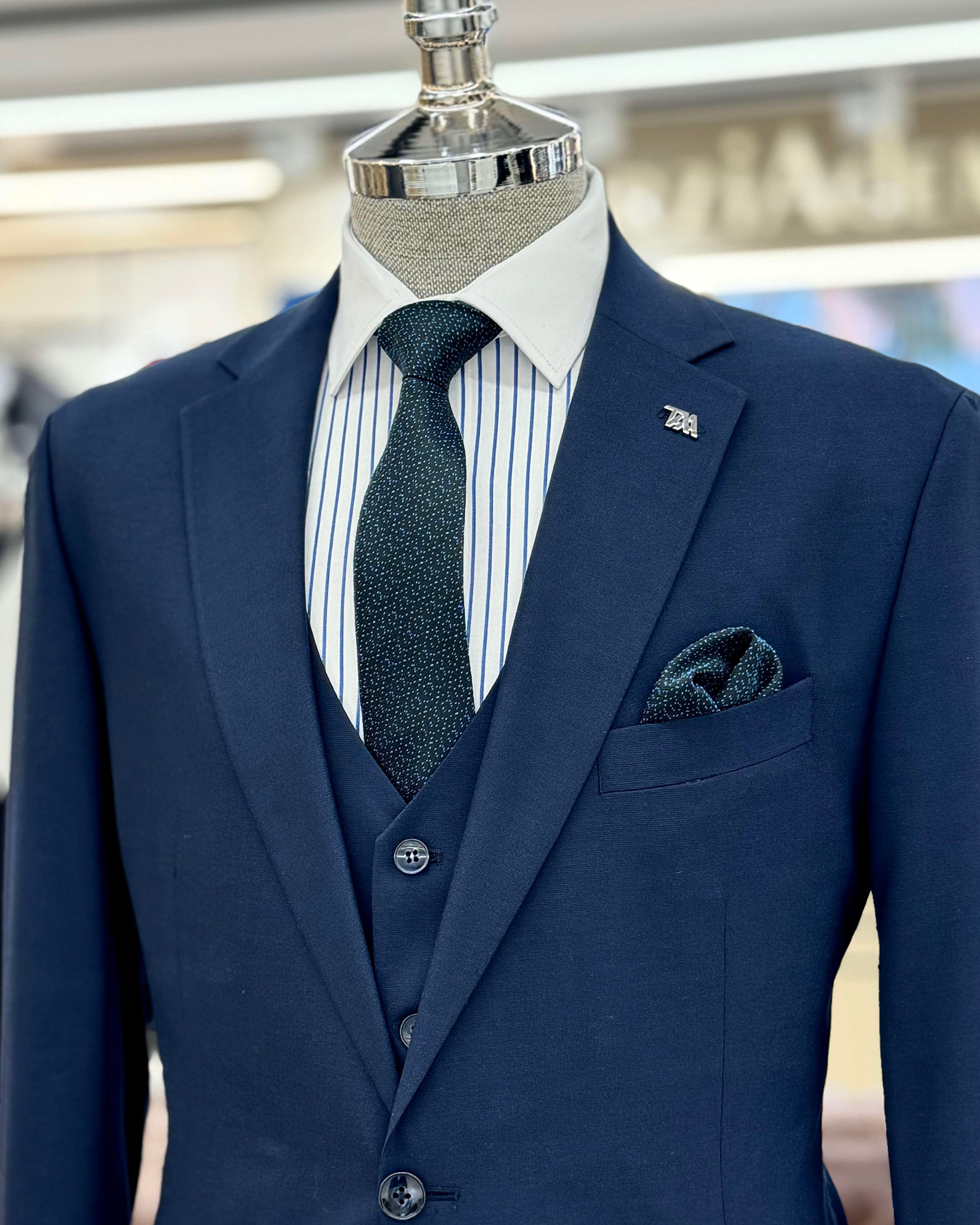 İtalyan stil slim fit 4 drop ceket yelek pantolon takım elbise lacivert T12108