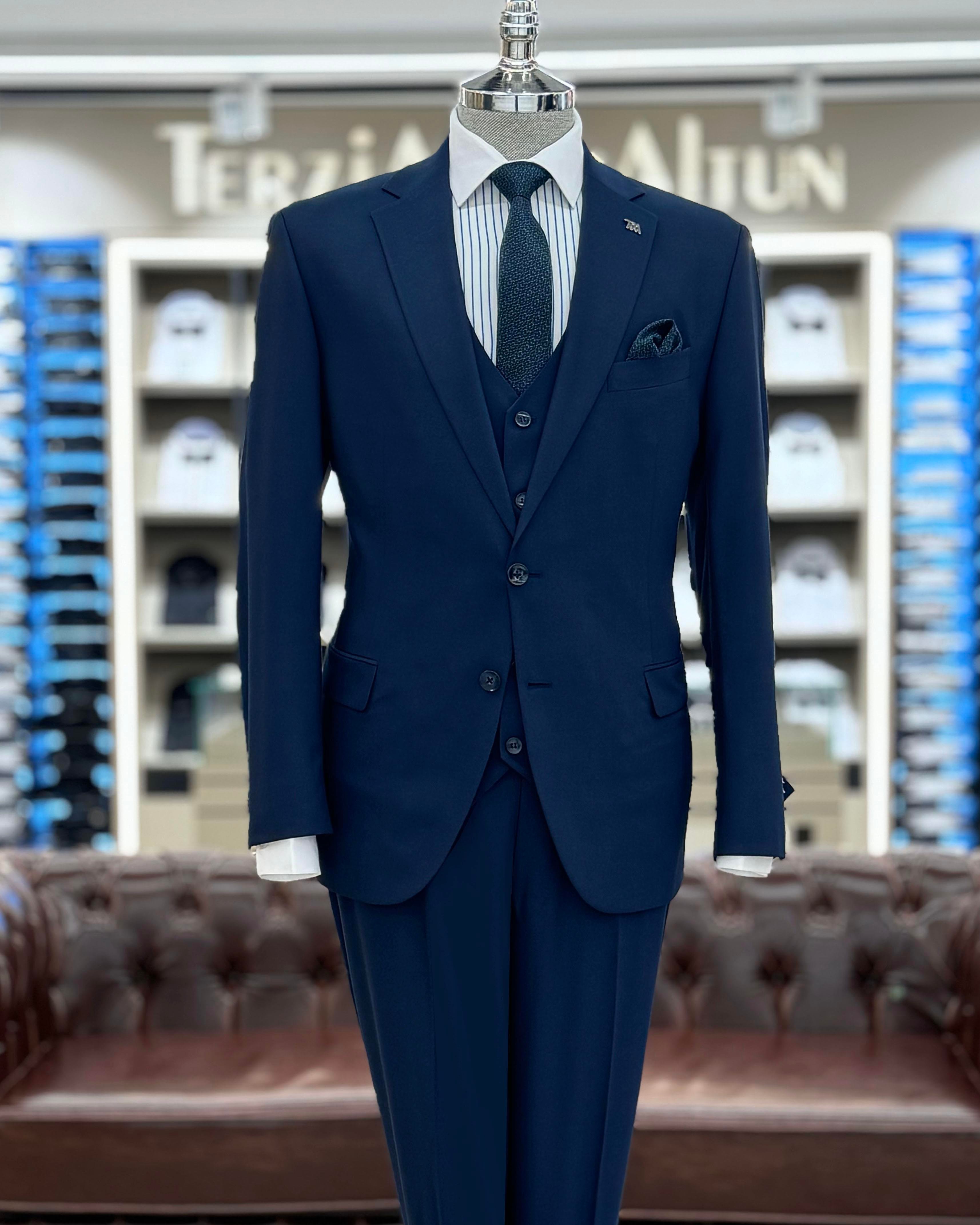 İtalyan stil slim fit 4 drop ceket yelek pantolon takım elbise lacivert T12108