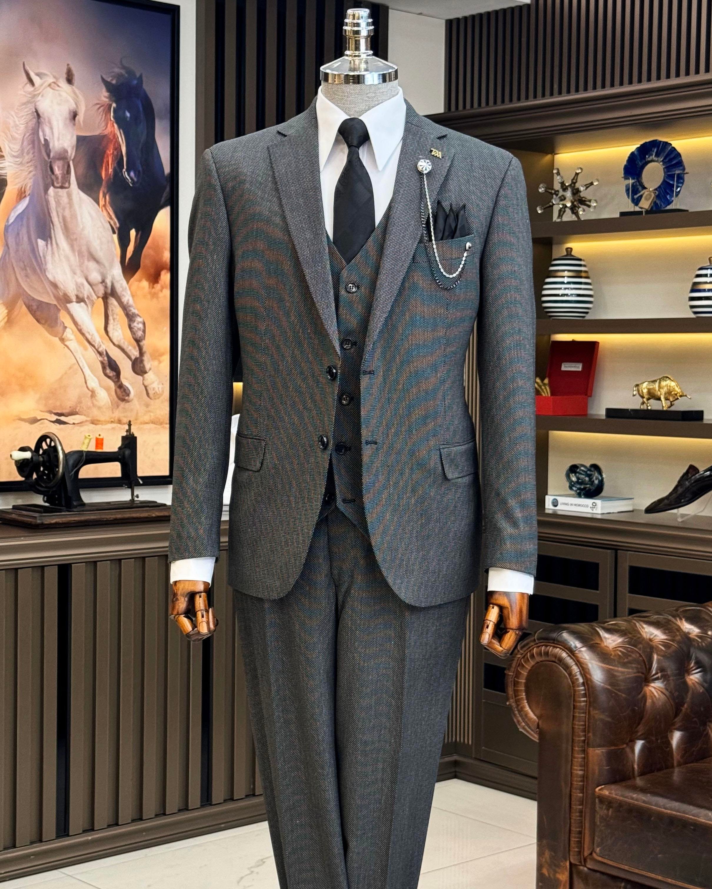 İtalyan stil slim fit 4 drop ceket yelek pantolon takım elbise siyah T12124