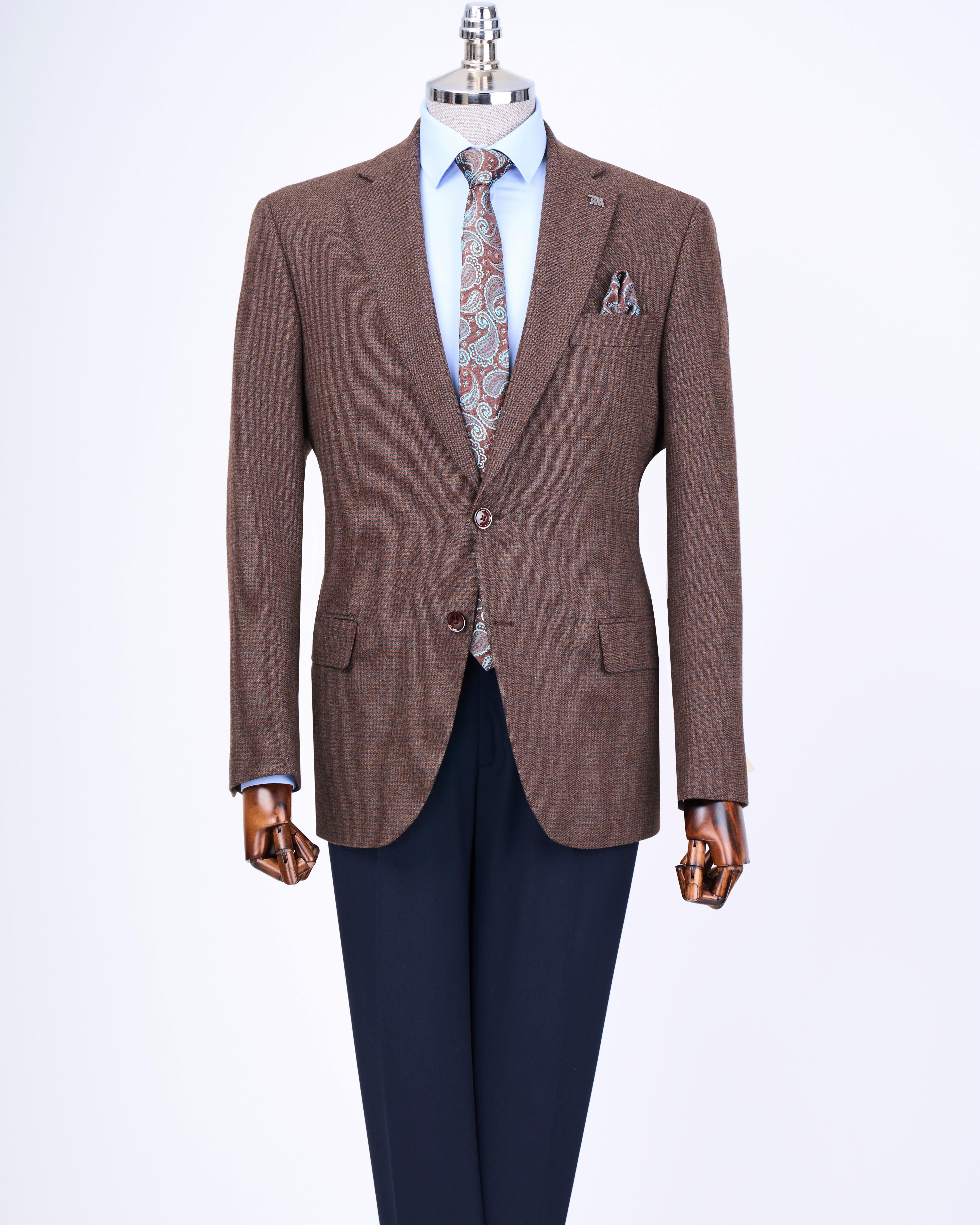 İtalyan stil slim fit 4 drop mono yaka erkek tek ceket kahverengi T13534