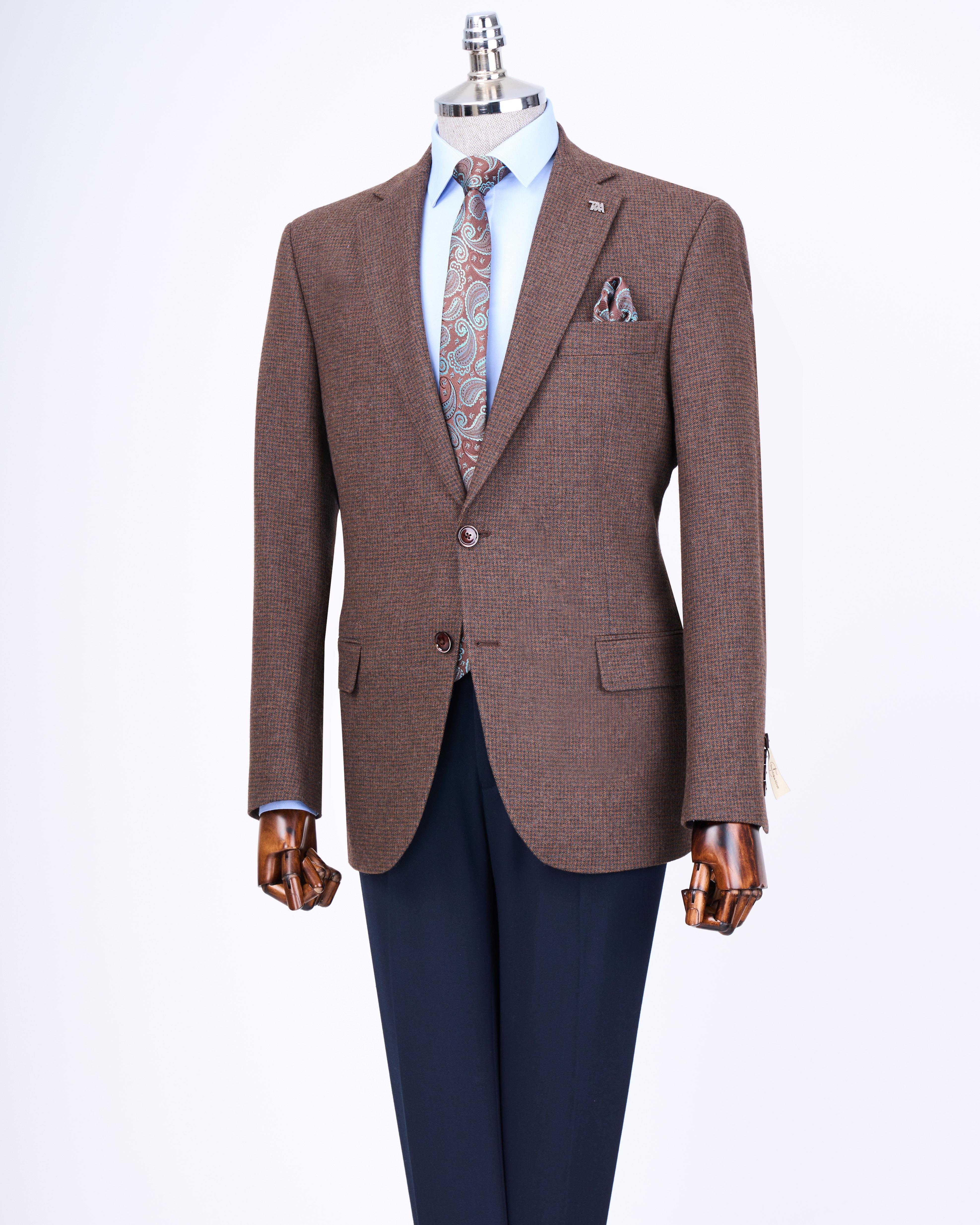 İtalyan stil slim fit 4 drop mono yaka erkek tek ceket kahverengi T13534