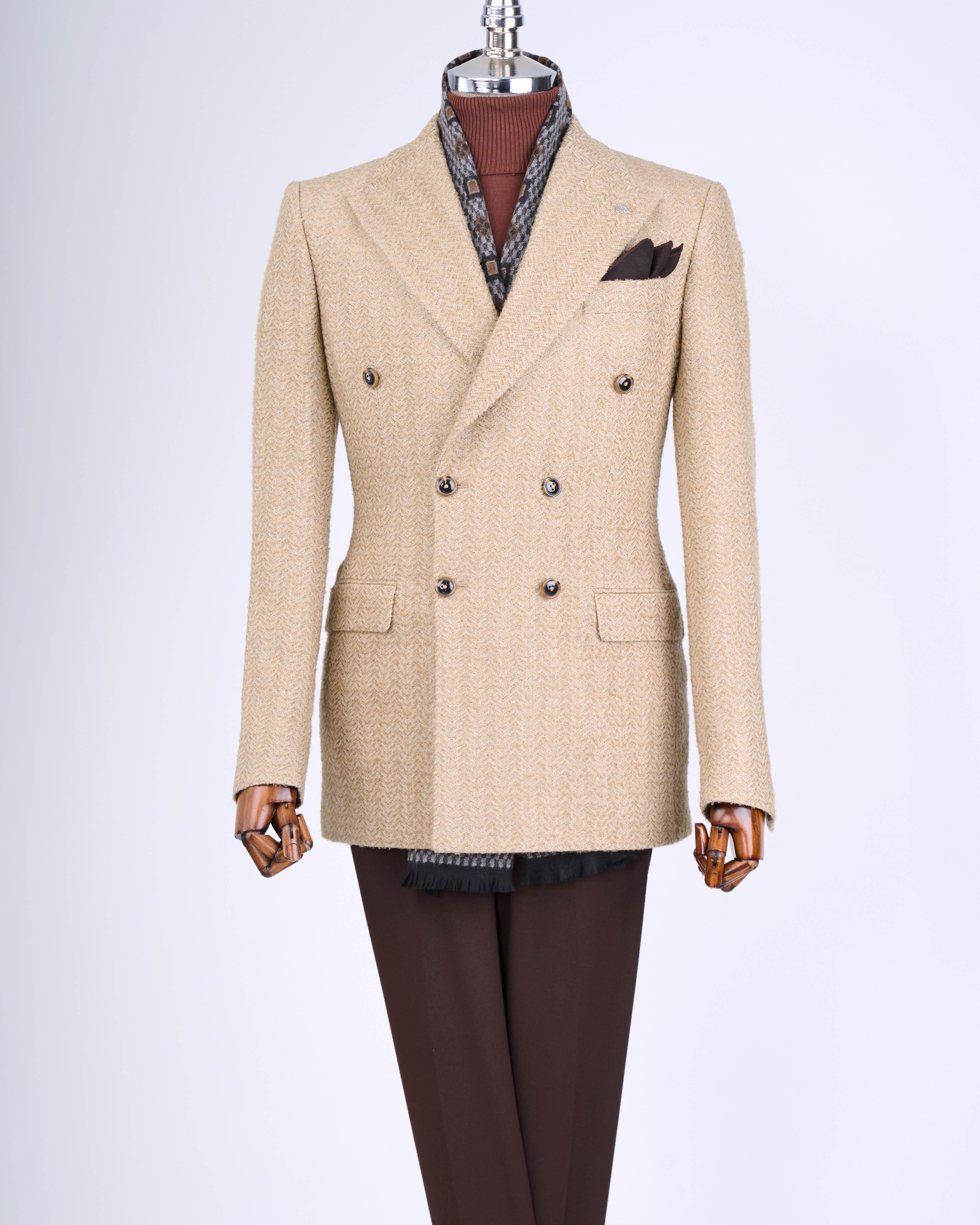 İtalyan stil slim fit 8 drop balıksırtı desen ceket bej T13441