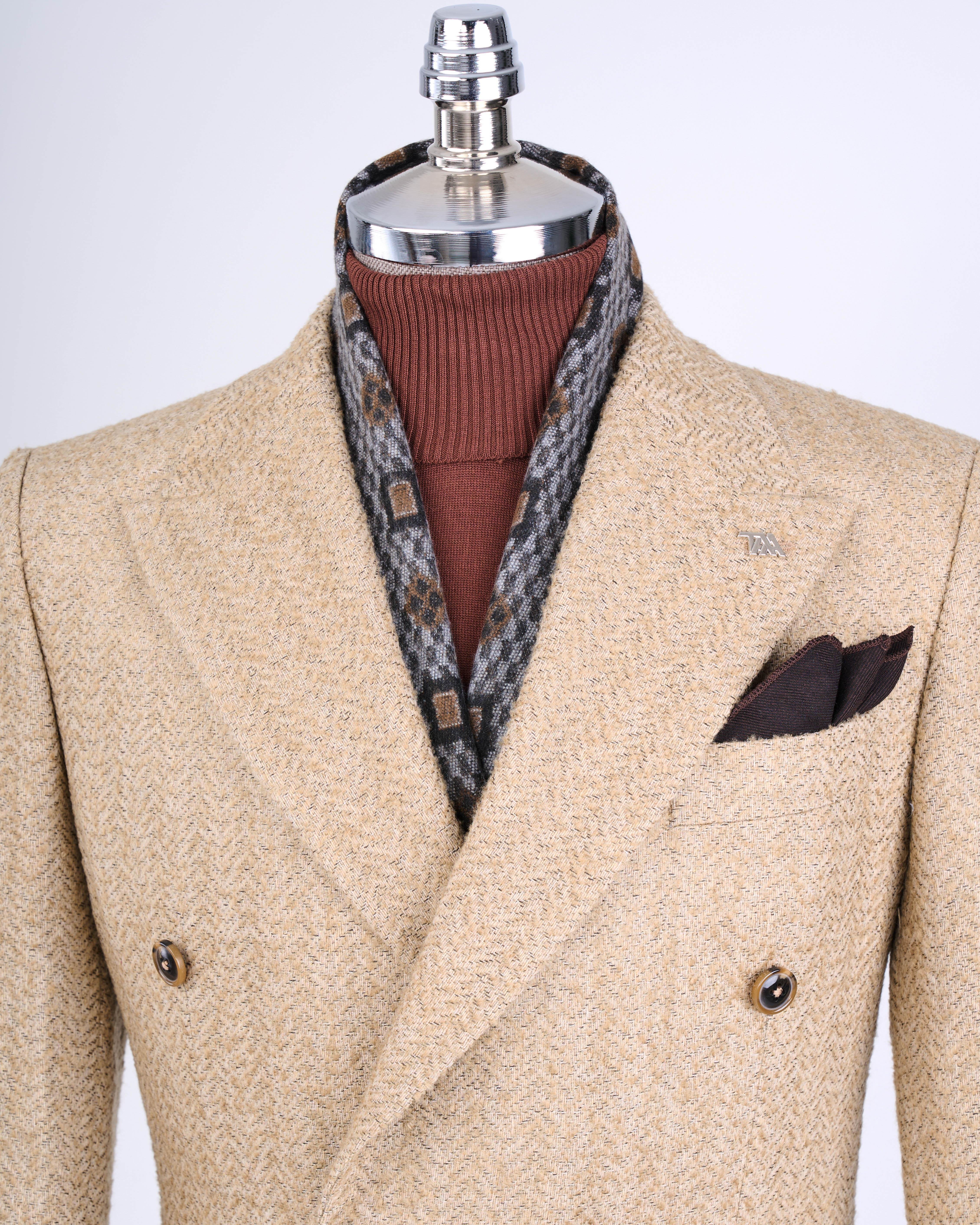 İtalyan stil slim fit 8 drop balıksırtı desen ceket bej T13441