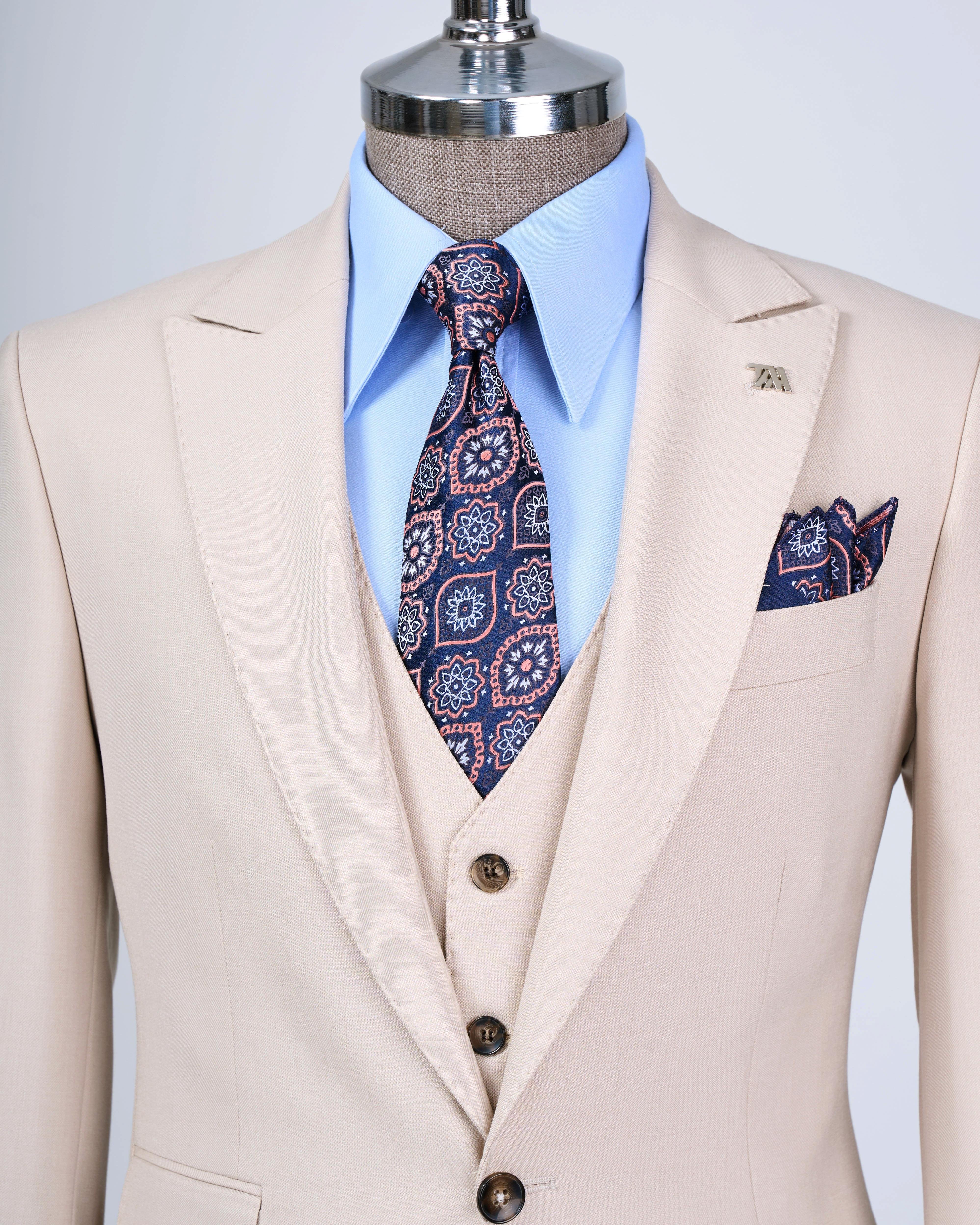 İtalyan stil slim fit 8 drop ceket yelek pantolon takım elbise bej T12633
