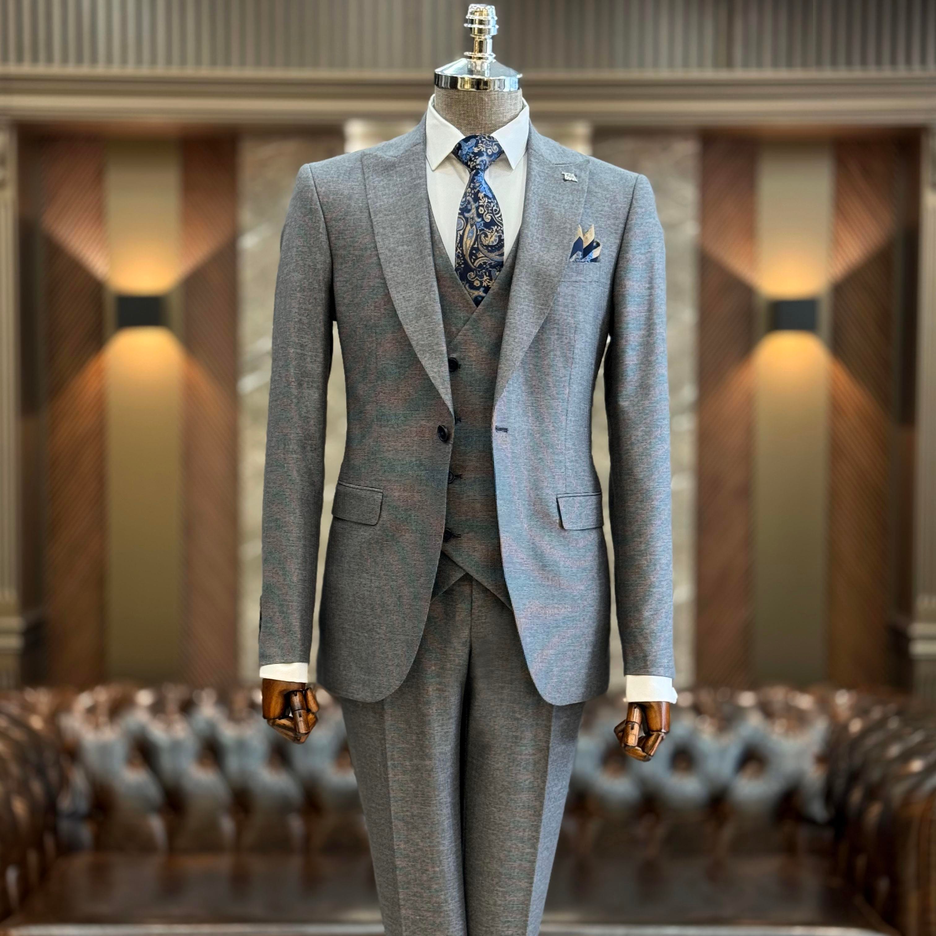 İtalyan stil slim fit 8 drop ceket yelek pantolon takım elbise kahverengi T9979