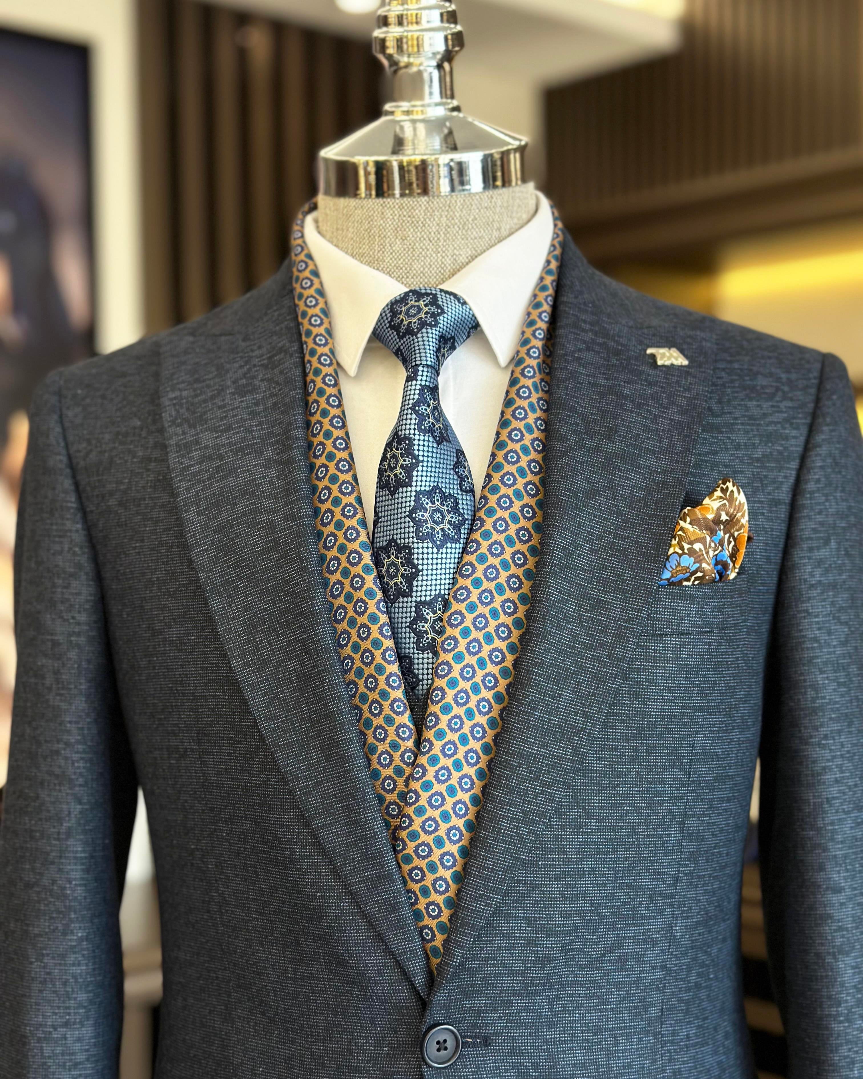 İtalyan stil slim fit 8 drop ceket yelek pantolon takım elbise lacivert T9973