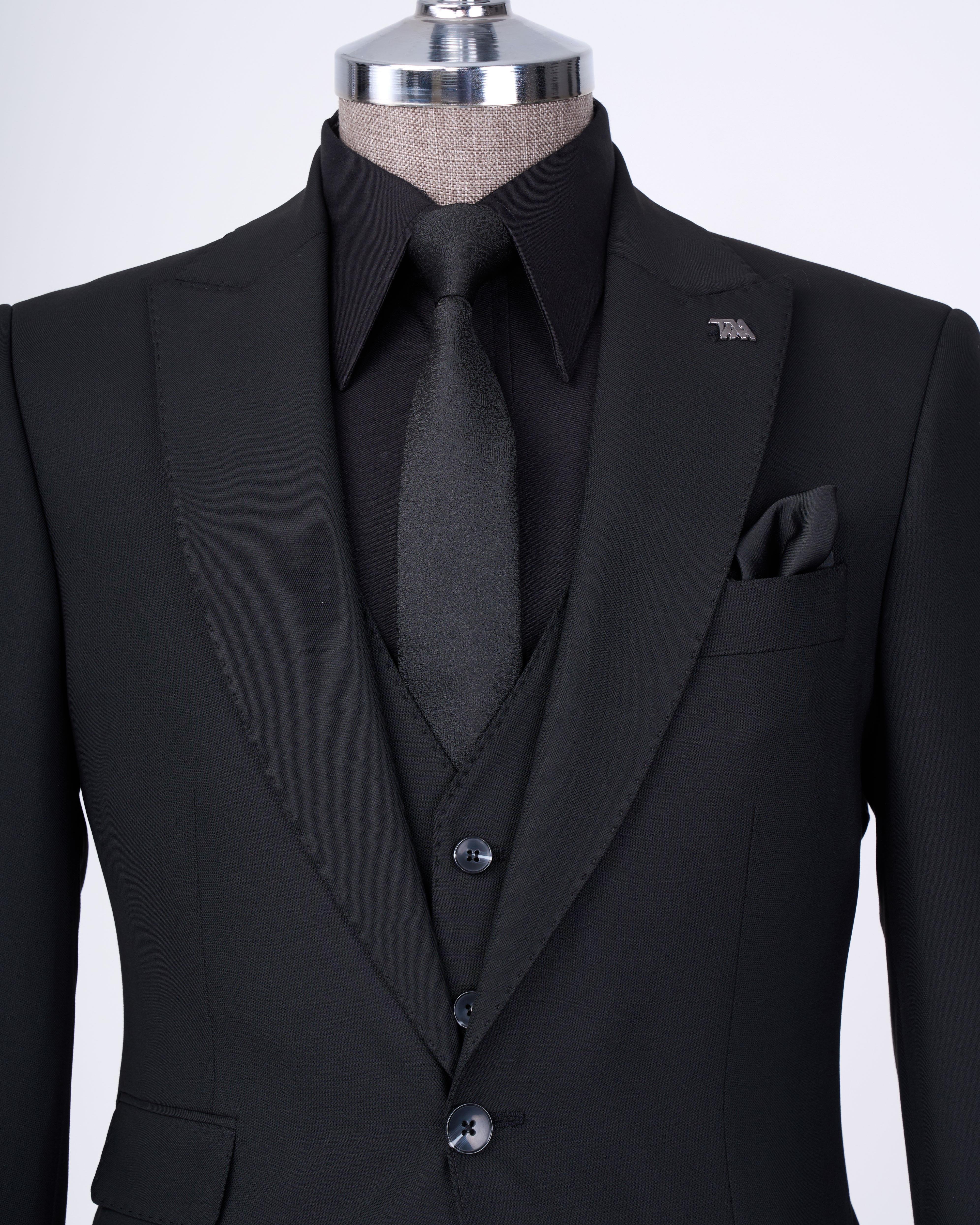 Italian style slim fit 8 drop jacket vest pants suit black T12730