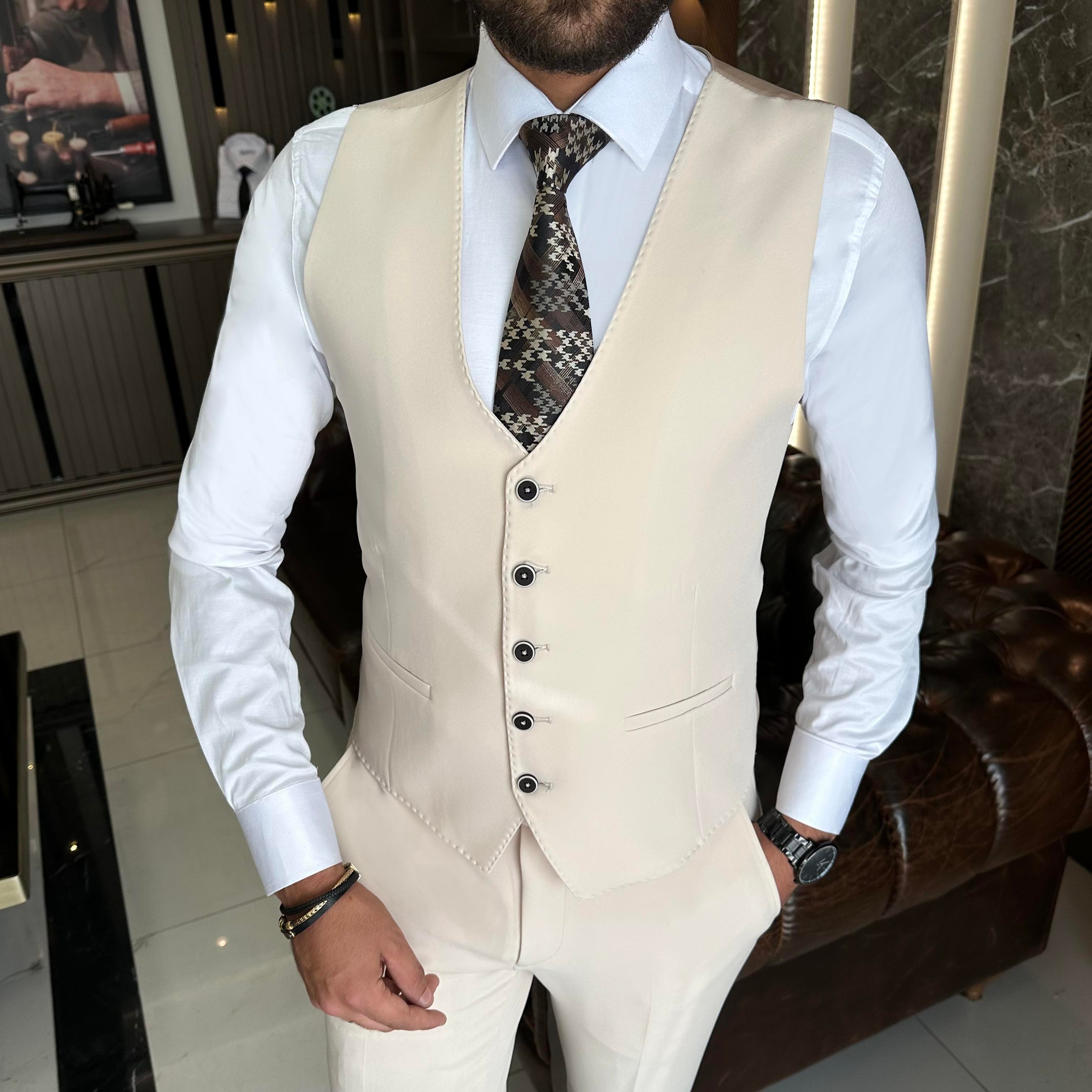 İtalyan stil slim fit 8 drop ceket yelek pantolon takım elbise bej T10310