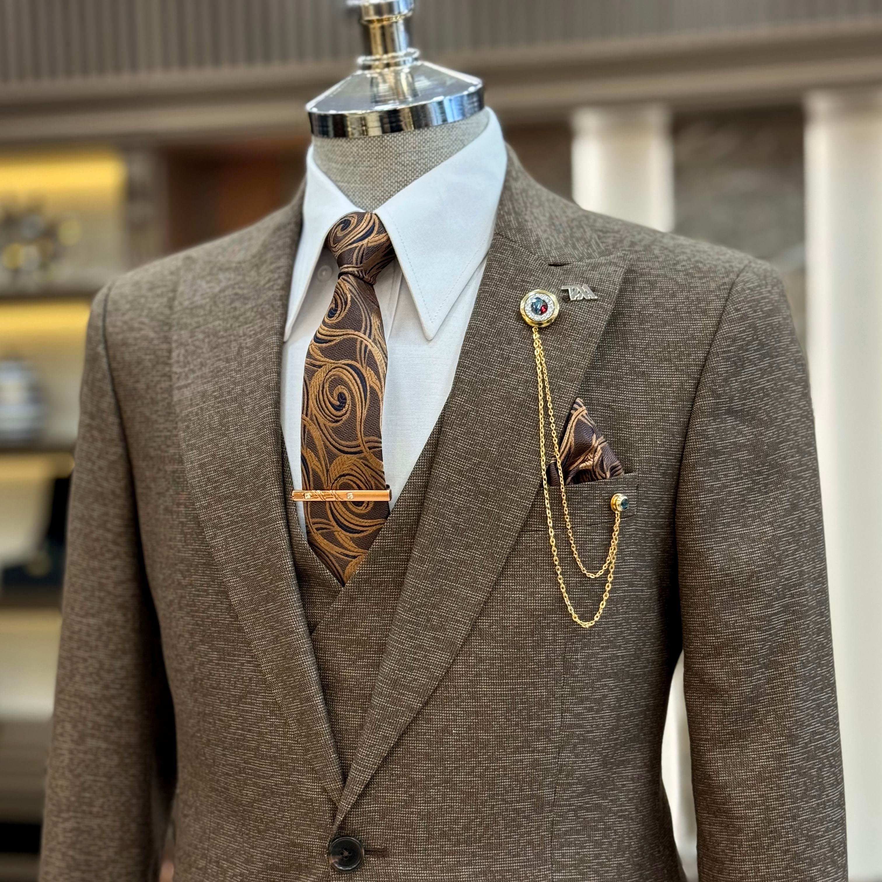 İtalyan stil slim fit 8 drop ceket yelek pantolon takım elbise kahverengi T9972
