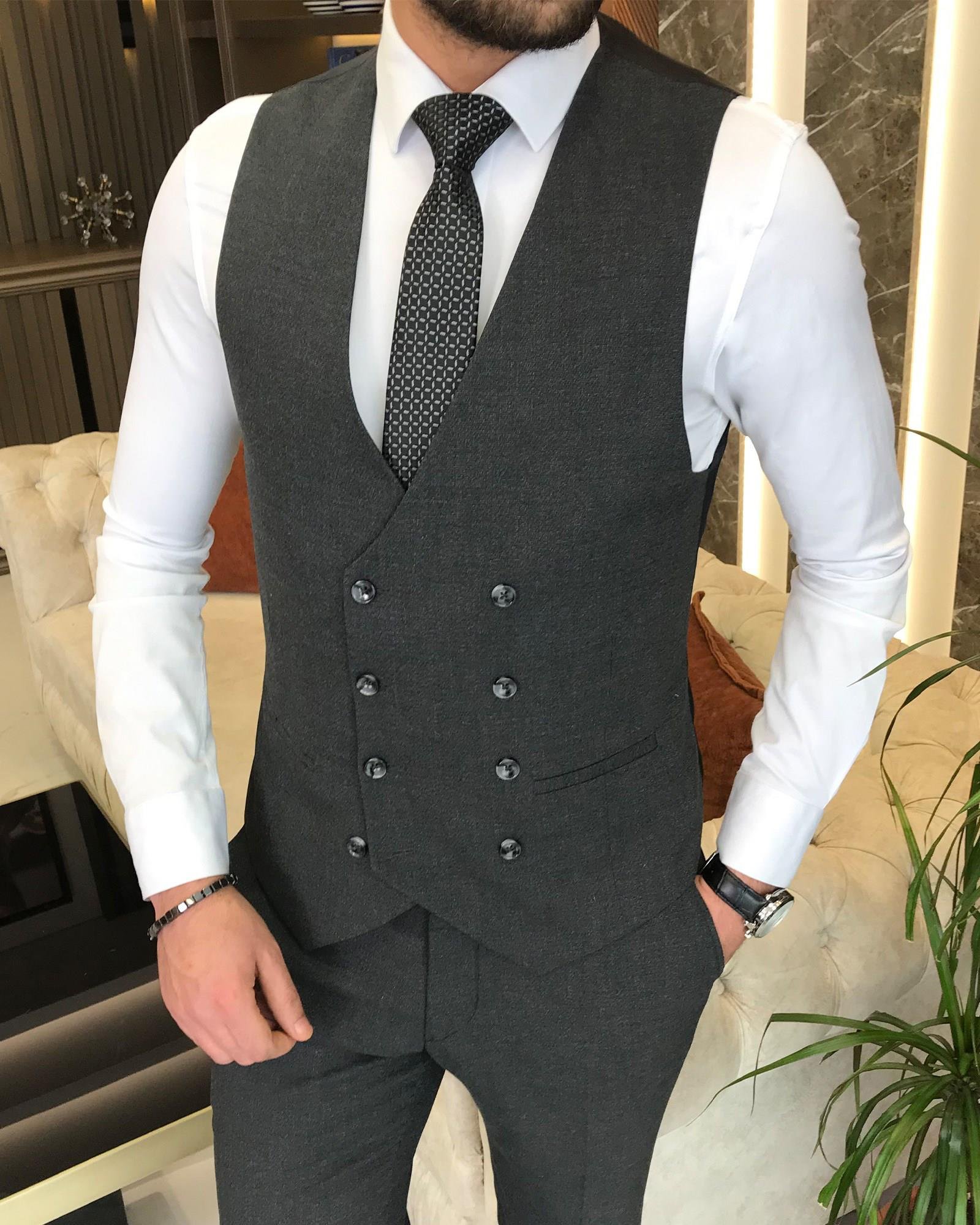 İtalyan stil slim fit 8 drop ceket yelek pantolon takım elbise antrasit T9989