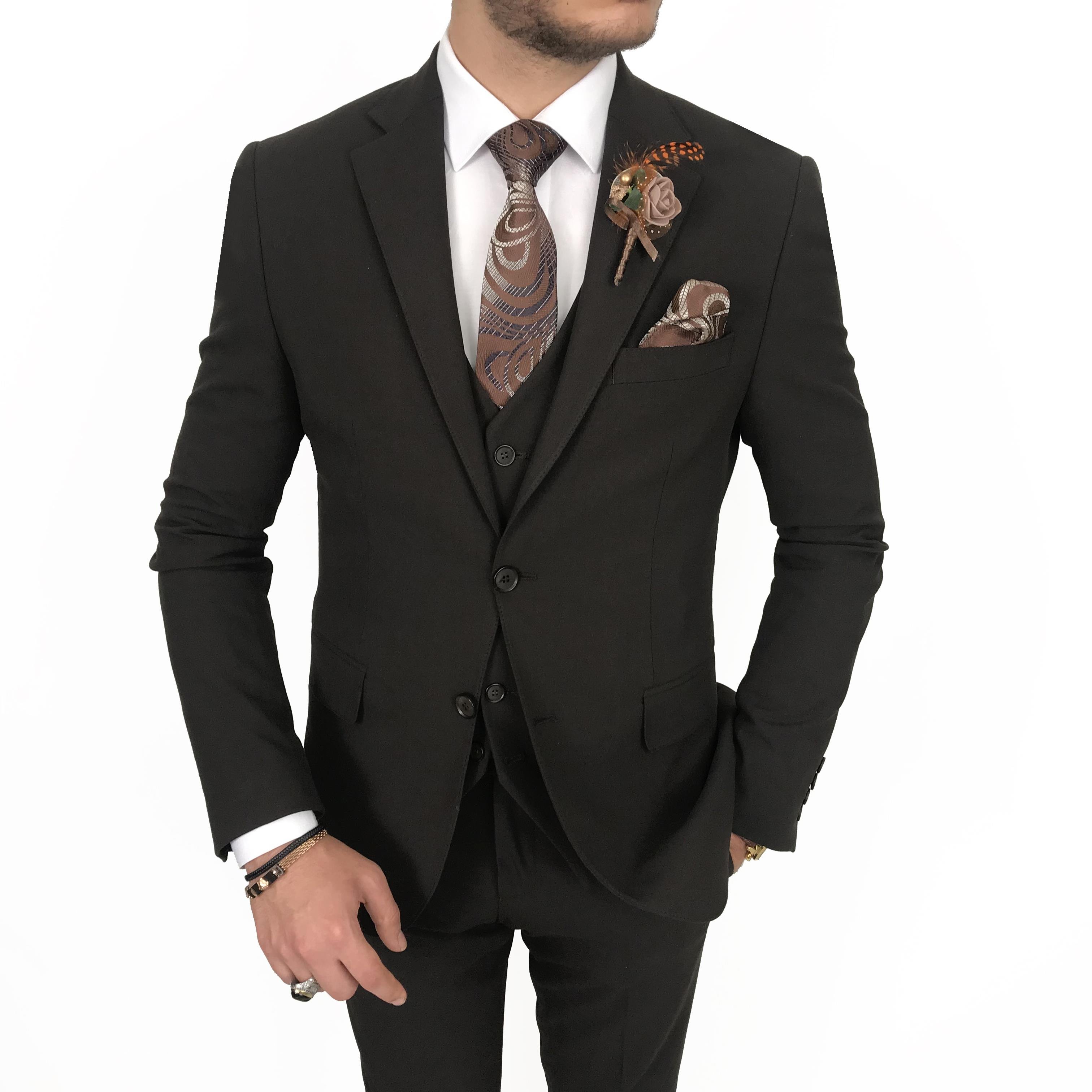 İtalyan stil slim fit 8 drop ceket yelek pantolon takım elbise kahverengi T9988
