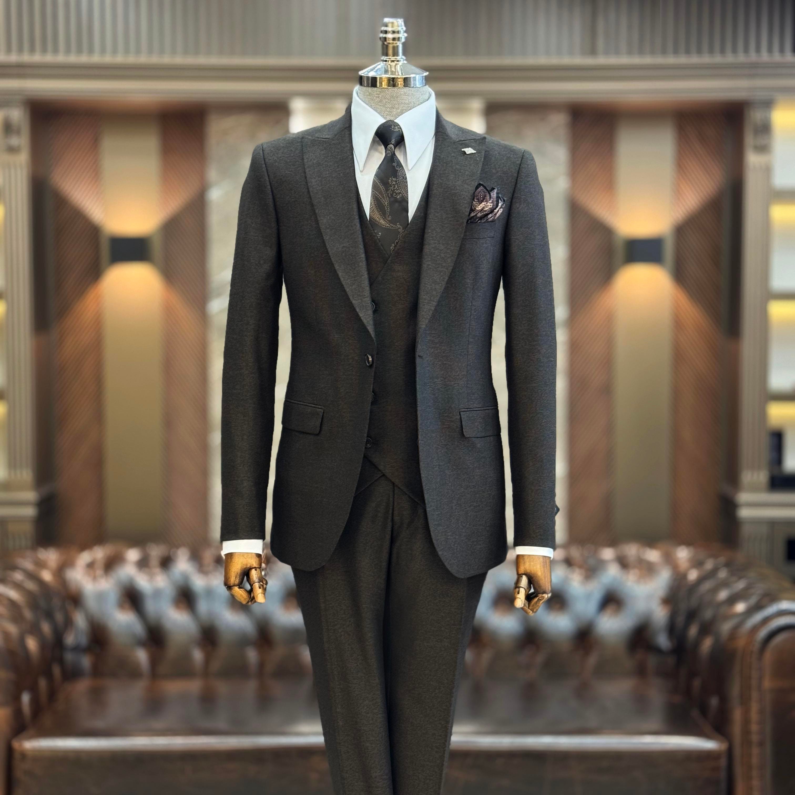 İtalyan stil slim fit 8 drop ceket yelek pantolon takım elbise kahverengi T9975