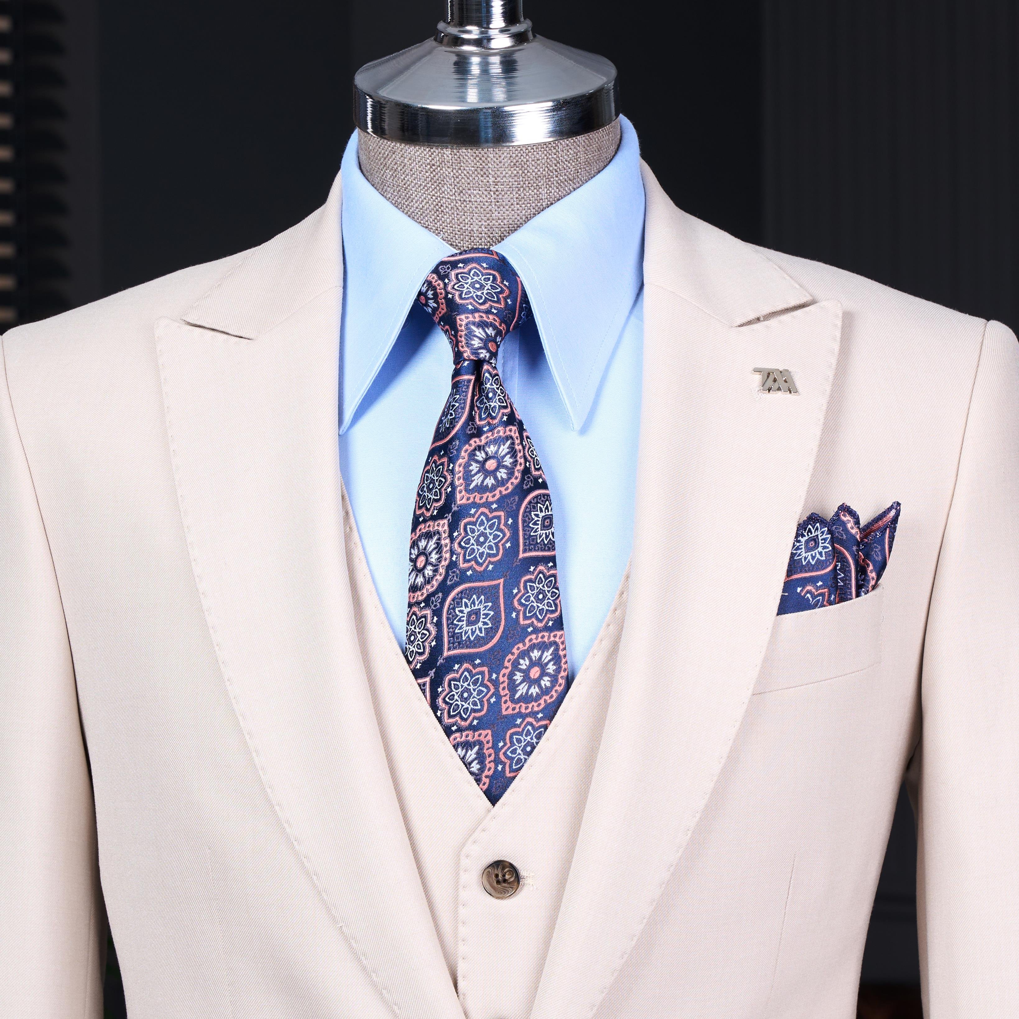 Italian style slim fit 8 drop jacket vest pants suit beige T12633