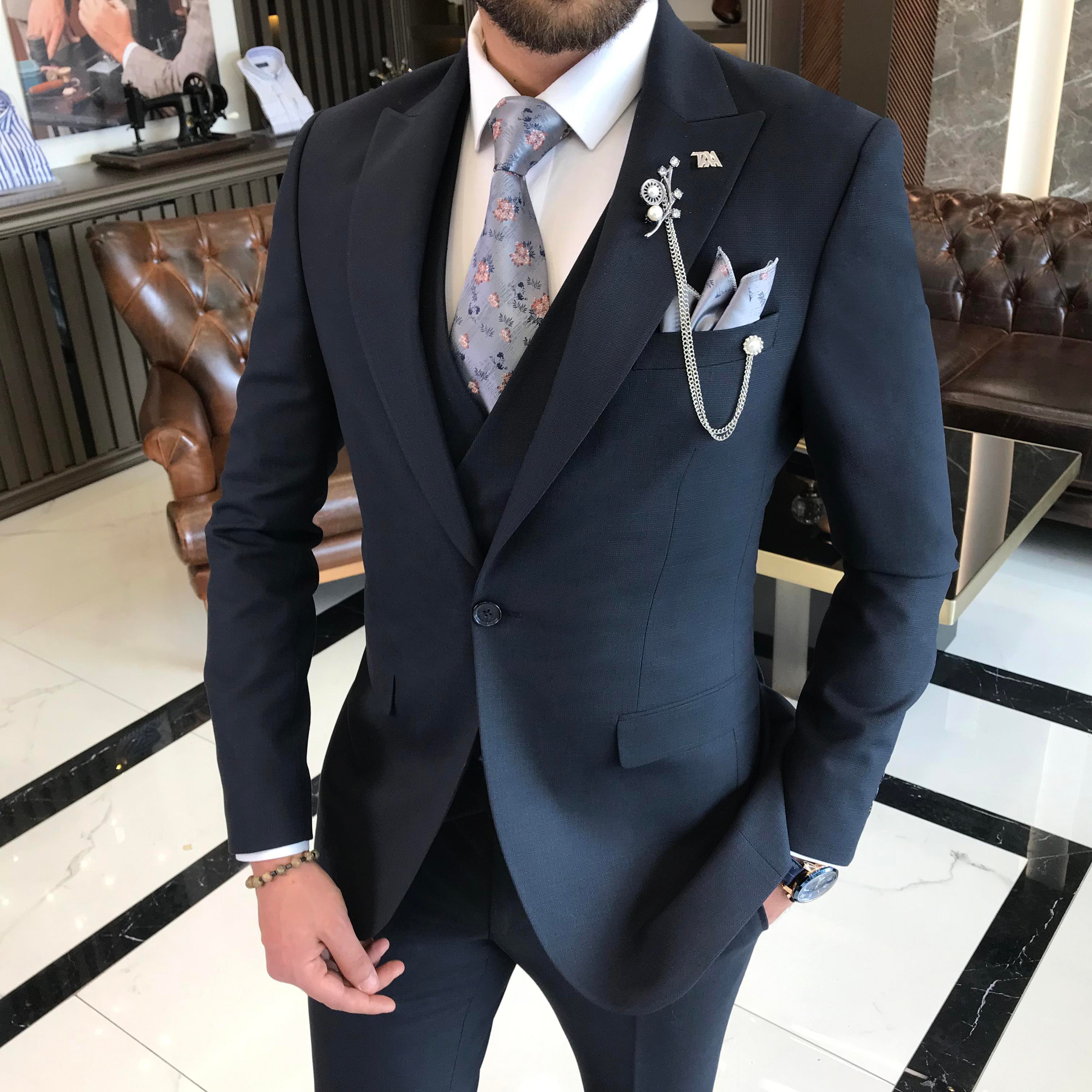 İtalyan stil slim fit 8 drop ceket yelek pantolon takım elbise lacivert T9986
