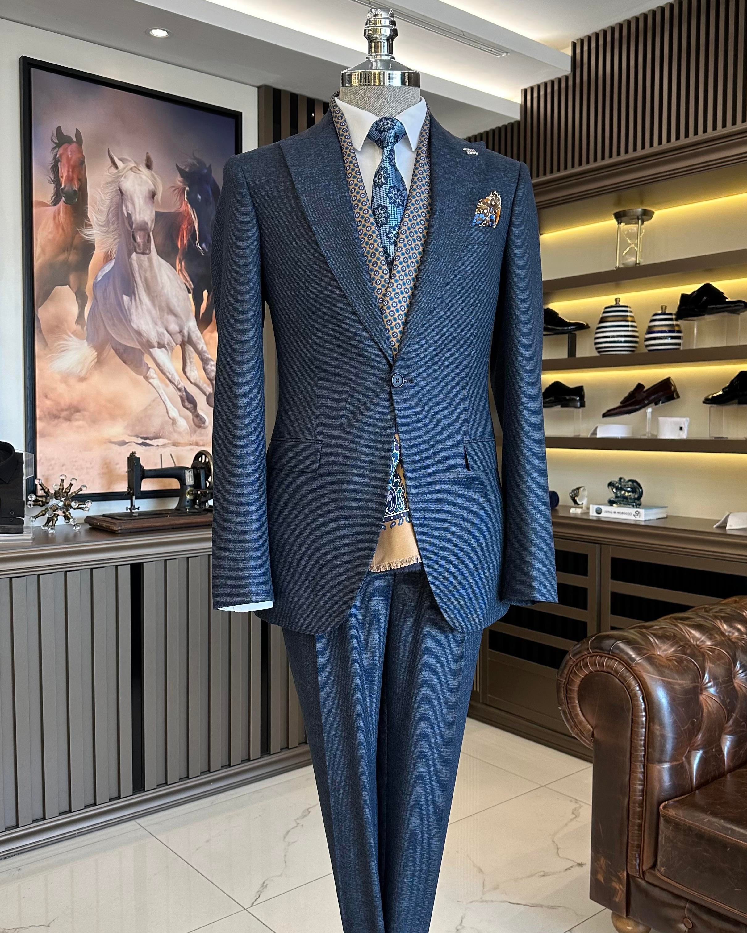 İtalyan stil slim fit 8 drop ceket yelek pantolon takım elbise lacivert T9973