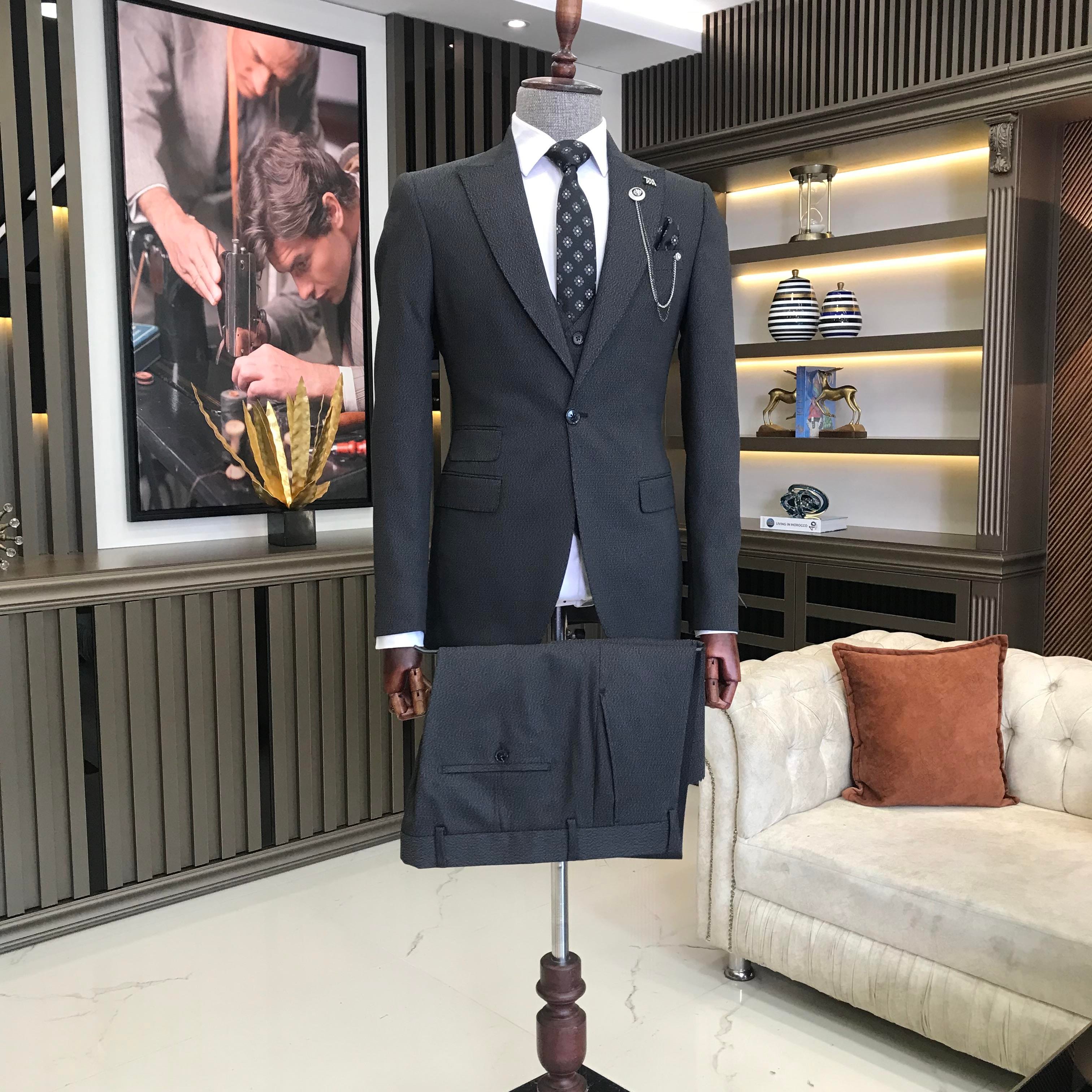 İtalyan stil slim fit 8 drop ceket yelek pantolon takım elbise antrasit T9989