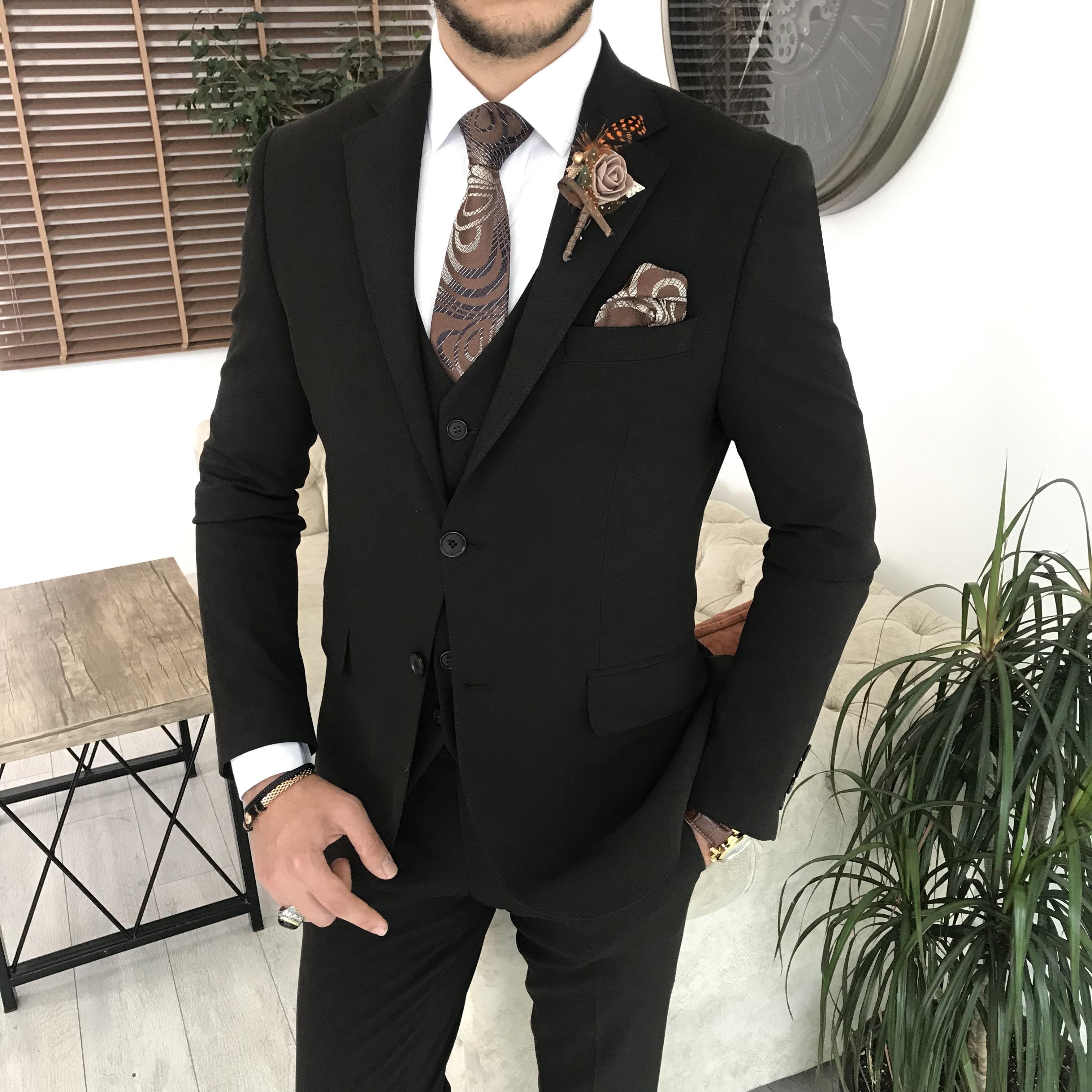 İtalyan stil slim fit 8 drop ceket yelek pantolon takım elbise kahverengi T9988