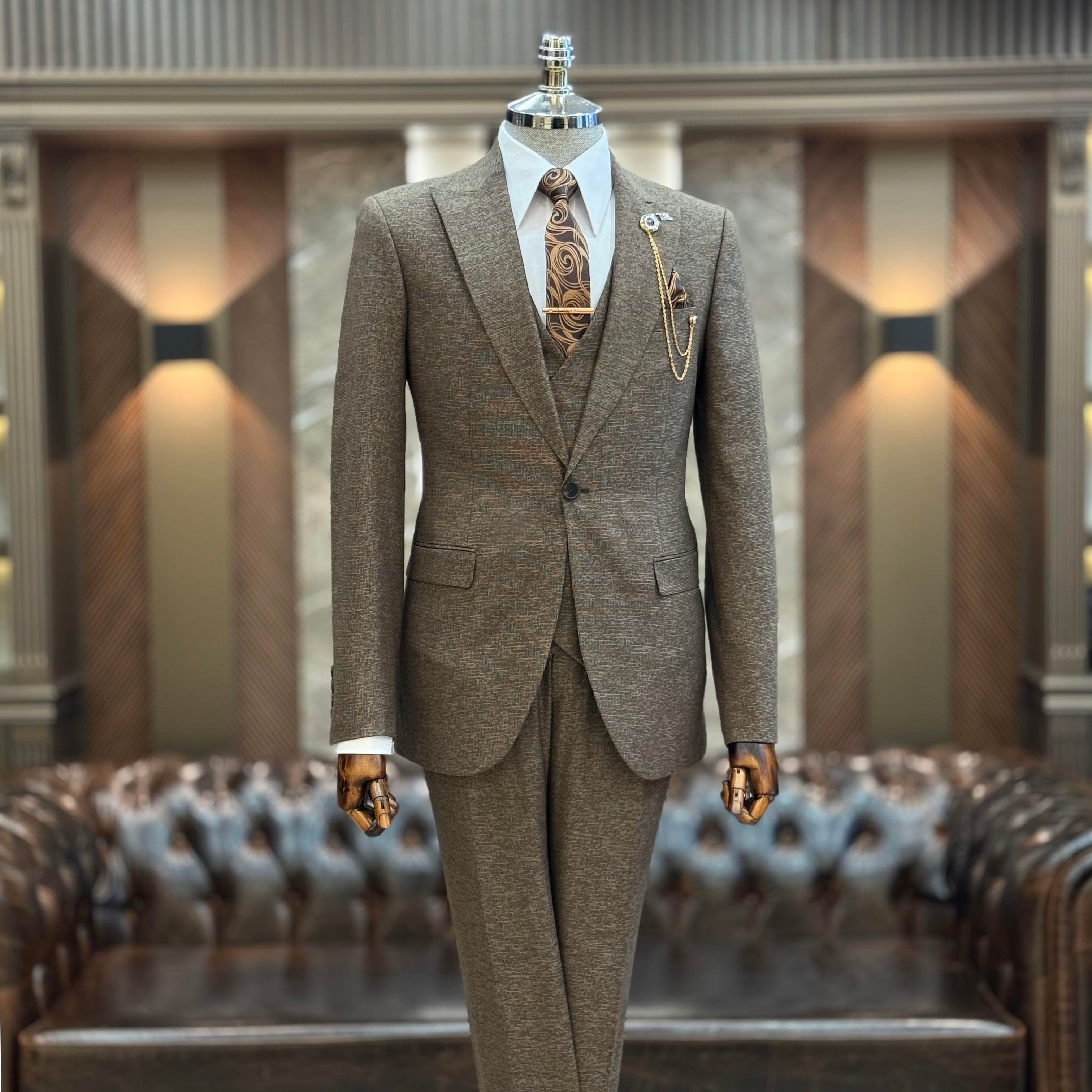 İtalyan stil slim fit 8 drop ceket yelek pantolon takım elbise kahverengi T9972