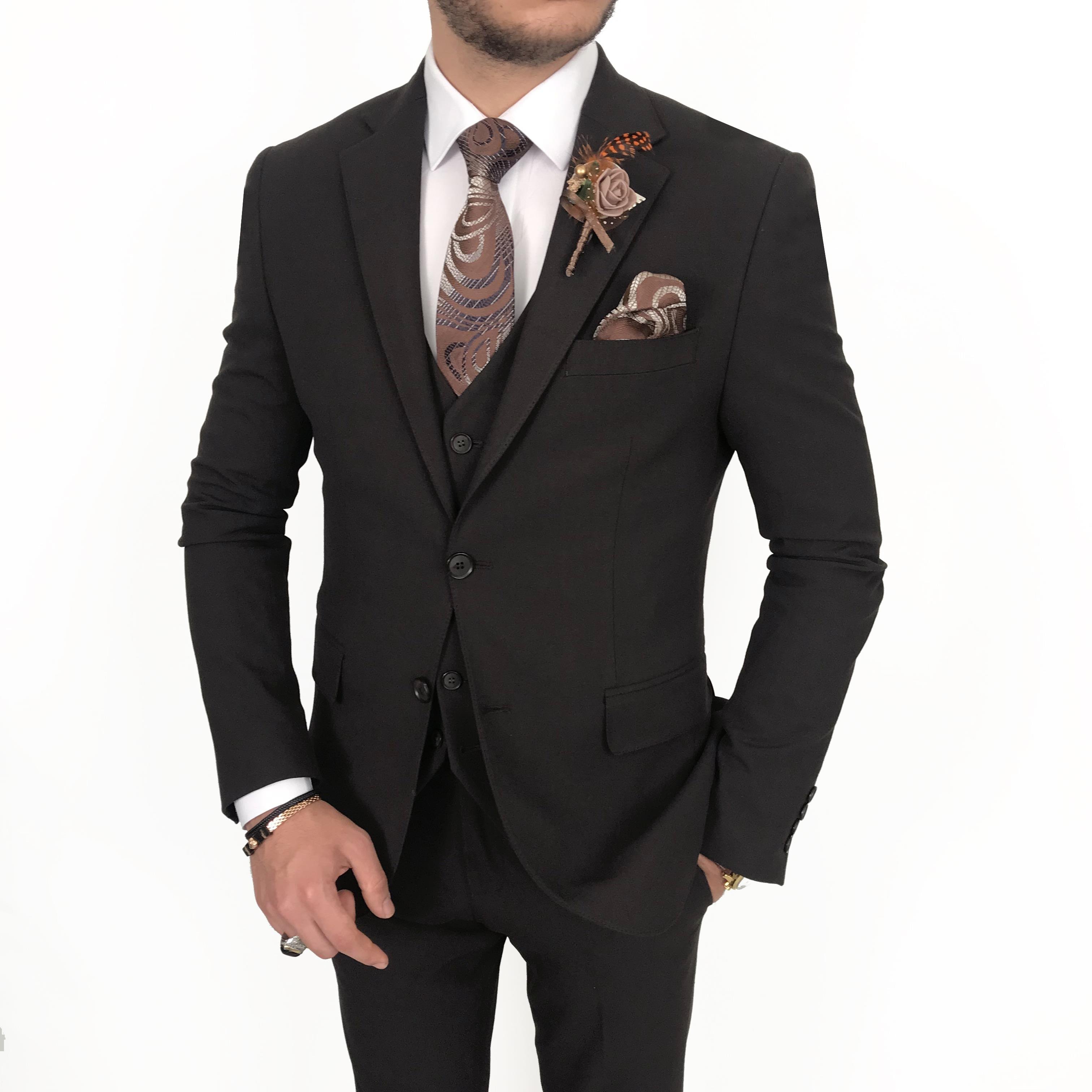 İtalyan stil slim fit 8 drop ceket yelek pantolon takım elbise kahverengi T9988