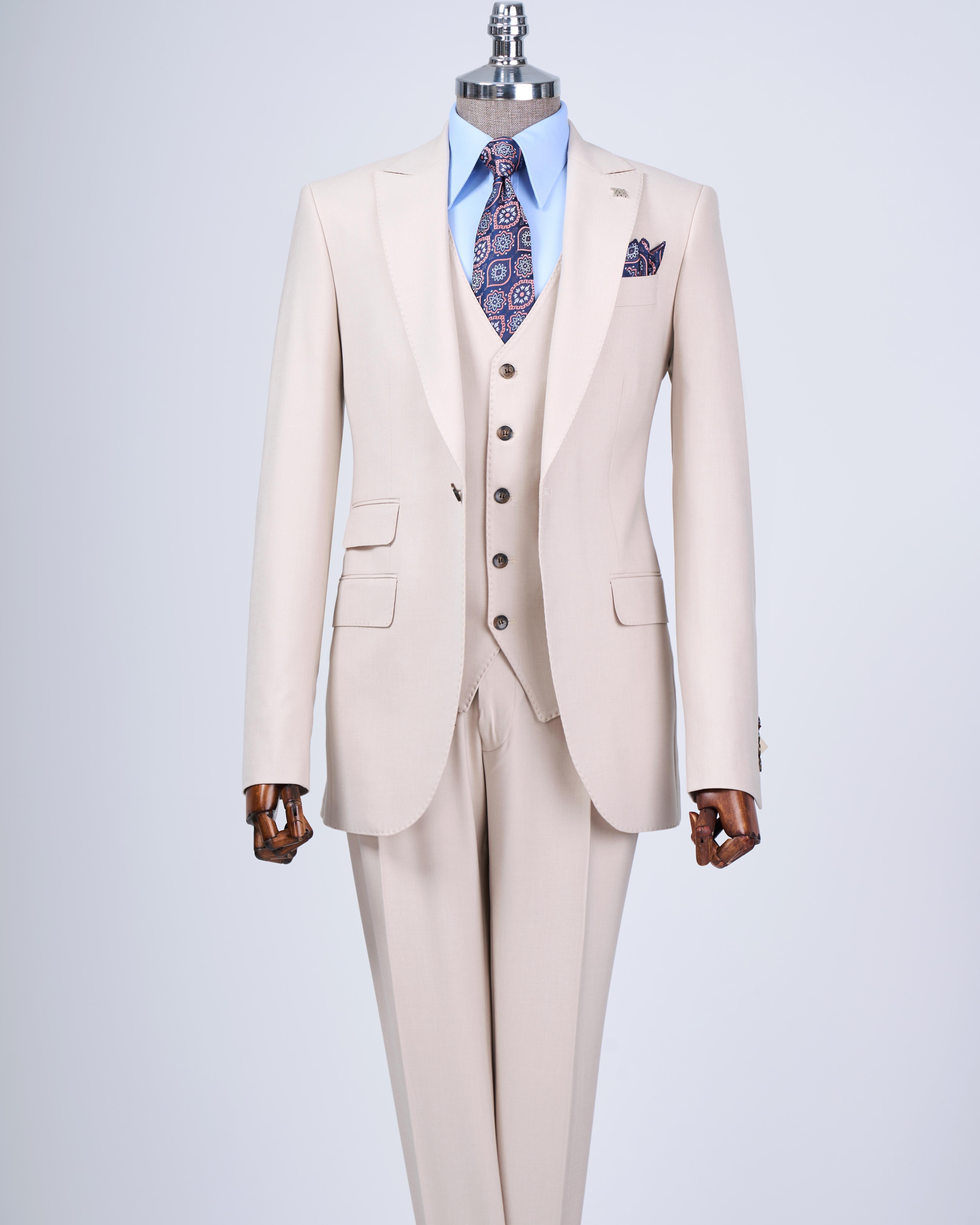 İtalyan stil slim fit 8 drop ceket yelek pantolon takım elbise bej T12633