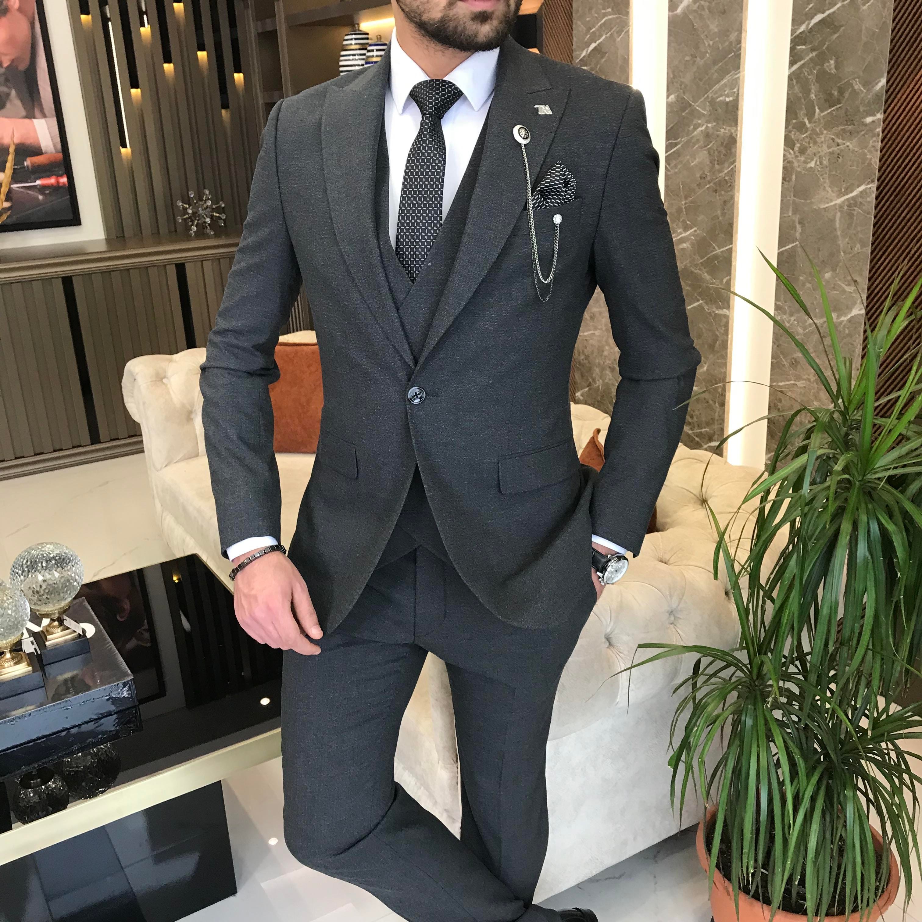 İtalyan stil slim fit 8 drop ceket yelek pantolon takım elbise antrasit T9989