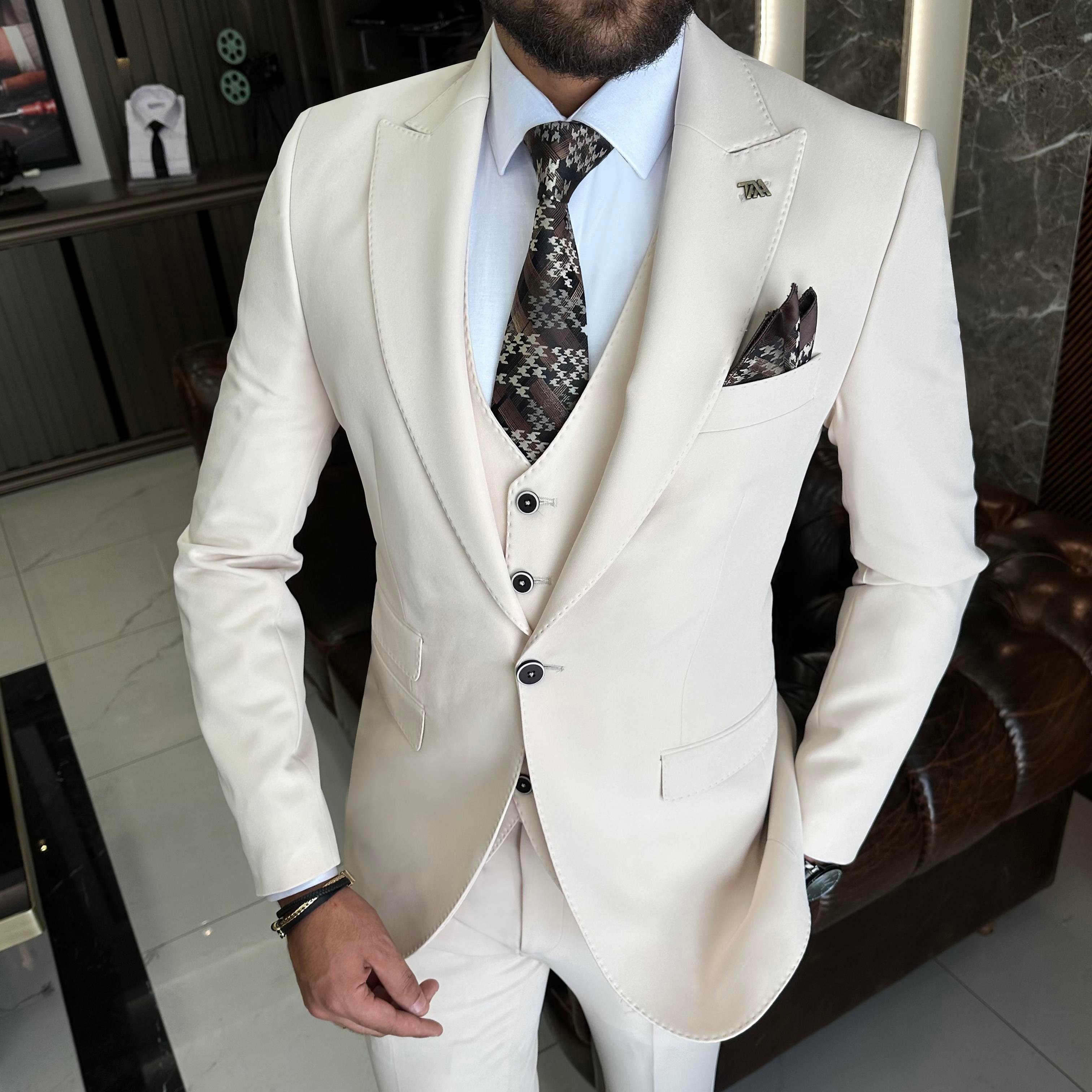 İtalyan stil slim fit 8 drop ceket yelek pantolon takım elbise bej T10310