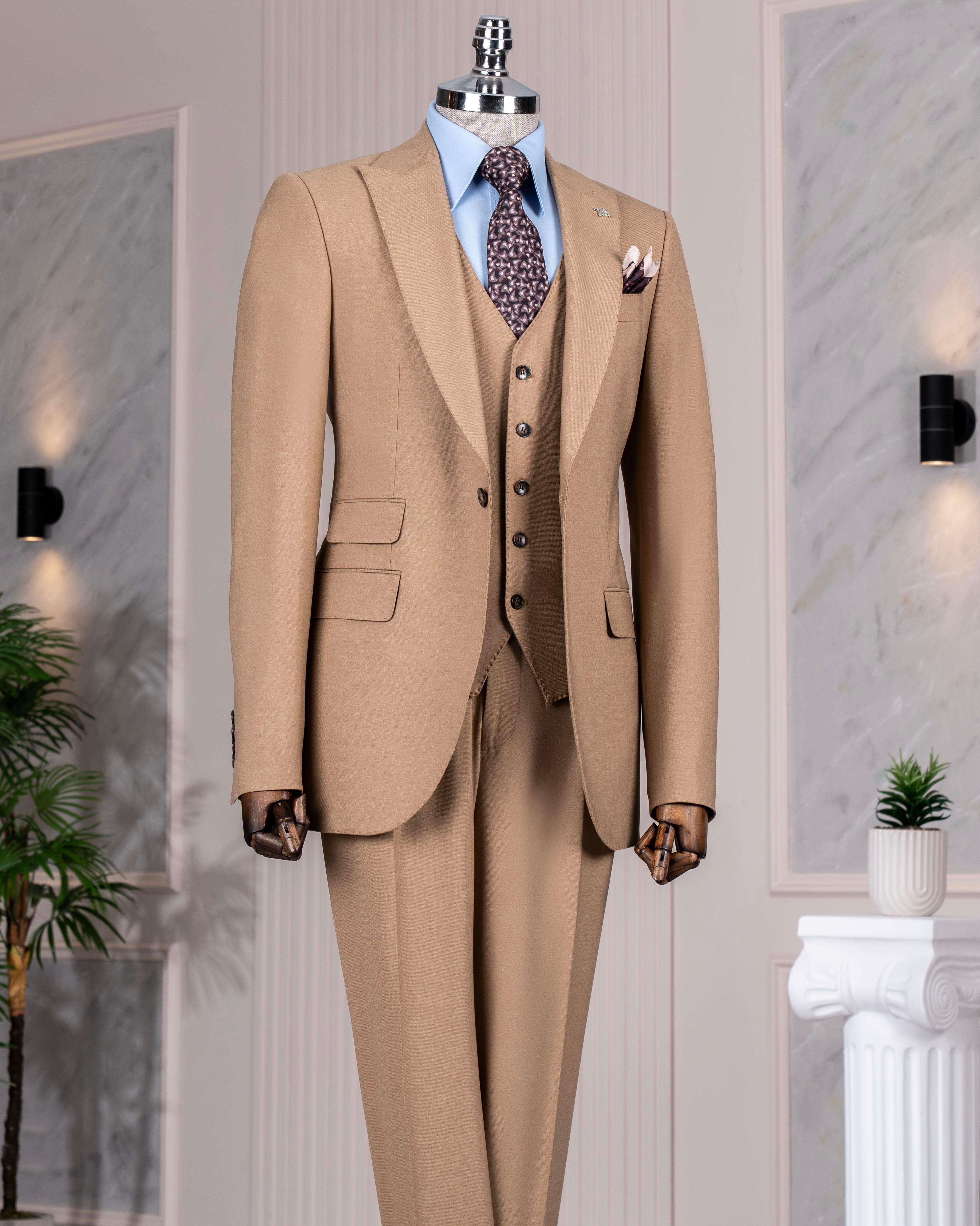 Italian style slim fit 8 drop jacket vest pants suit camel T12632