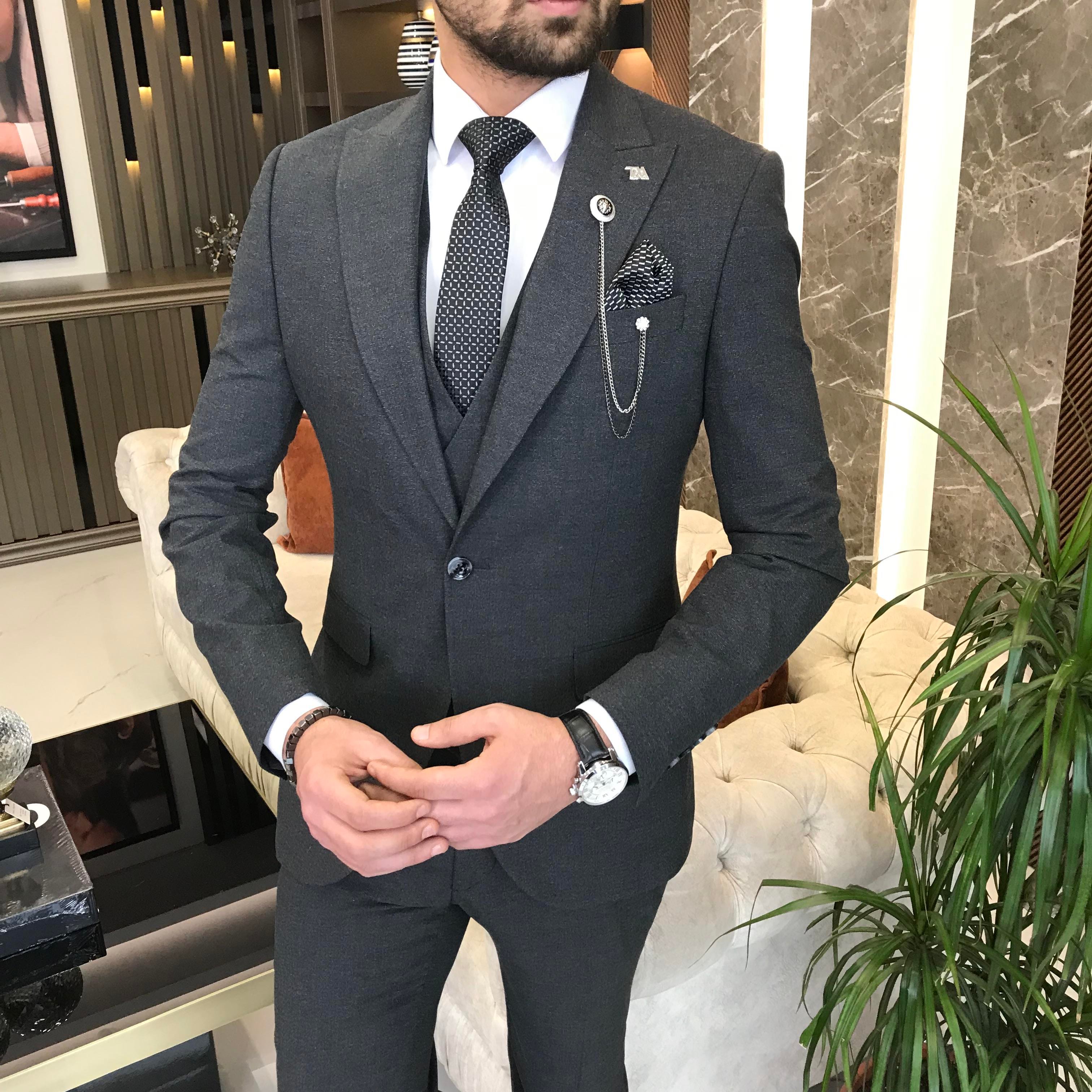İtalyan stil slim fit 8 drop ceket yelek pantolon takım elbise antrasit T9989