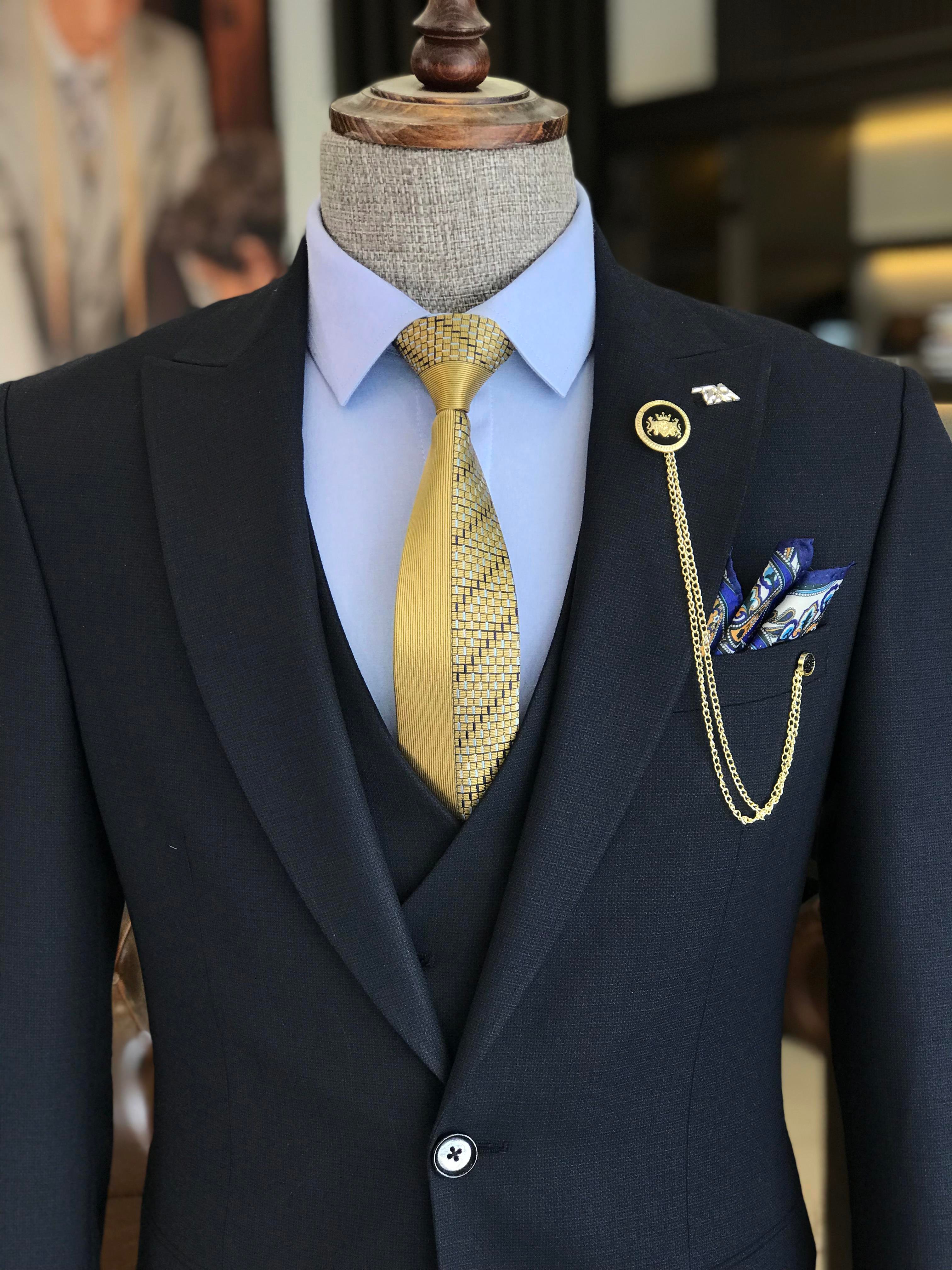 İtalyan stil slim fit 8 drop ceket yelek pantolon takım elbise lacivert T9986