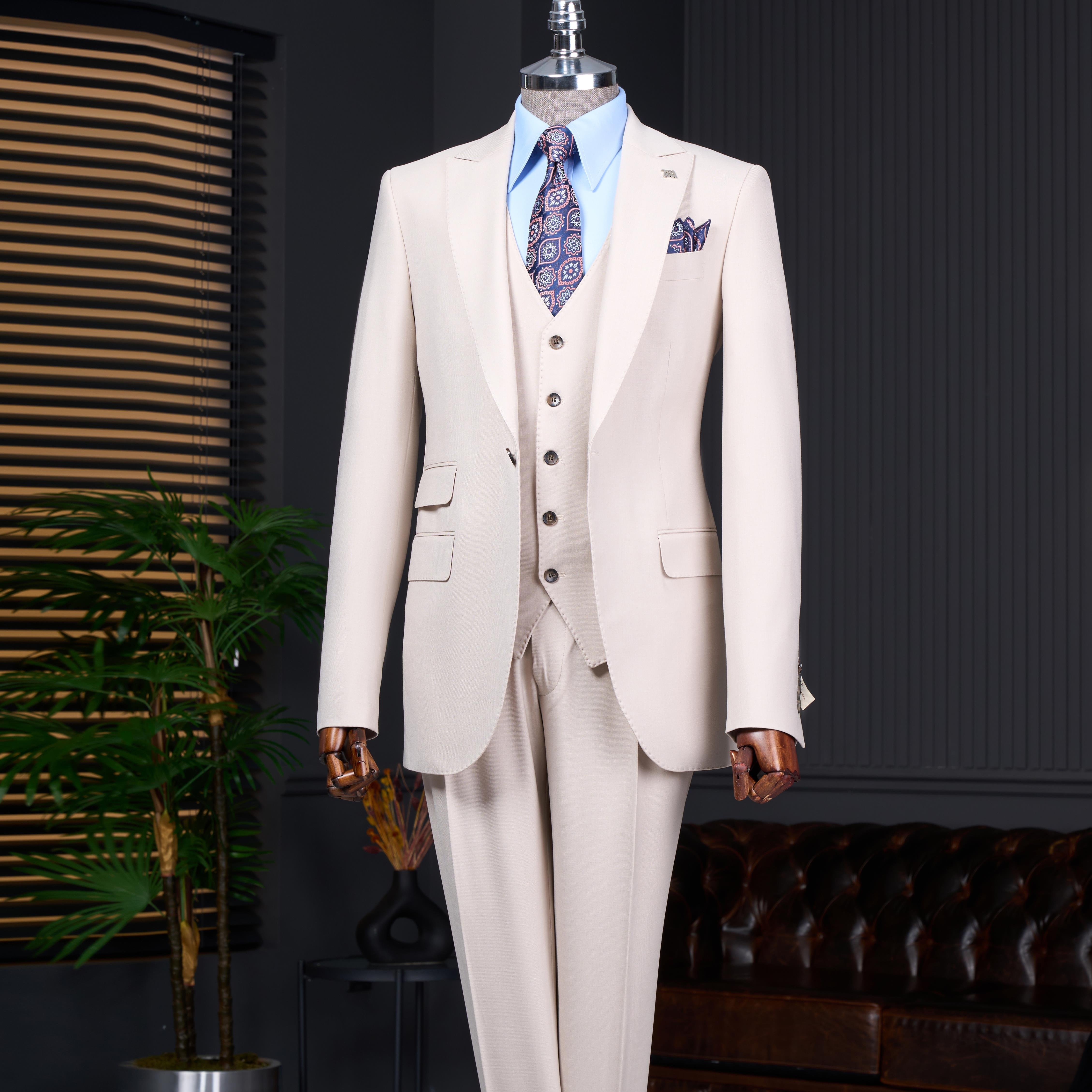 Italian style slim fit 8 drop jacket vest pants suit beige T12633