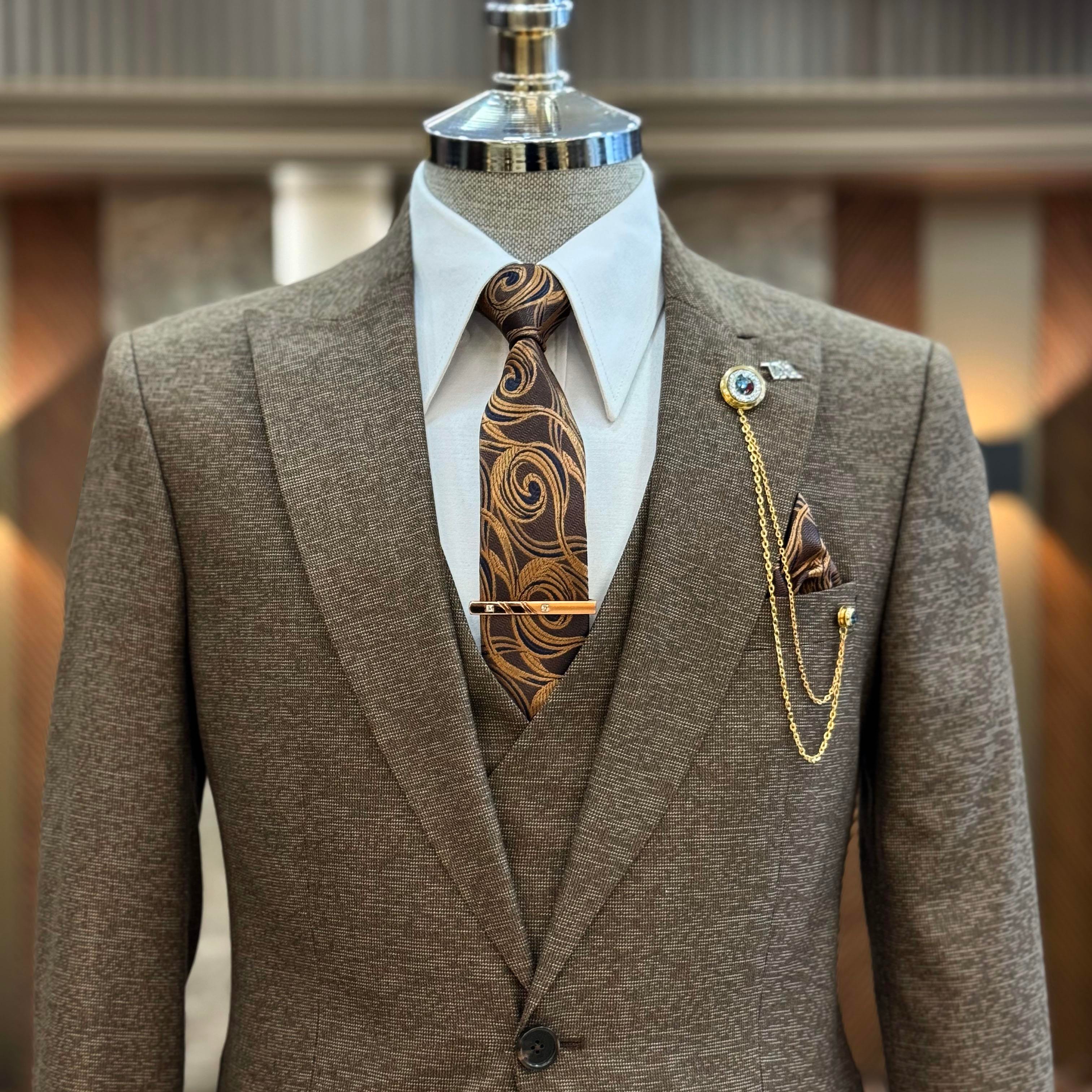 İtalyan stil slim fit 8 drop ceket yelek pantolon takım elbise kahverengi T9972
