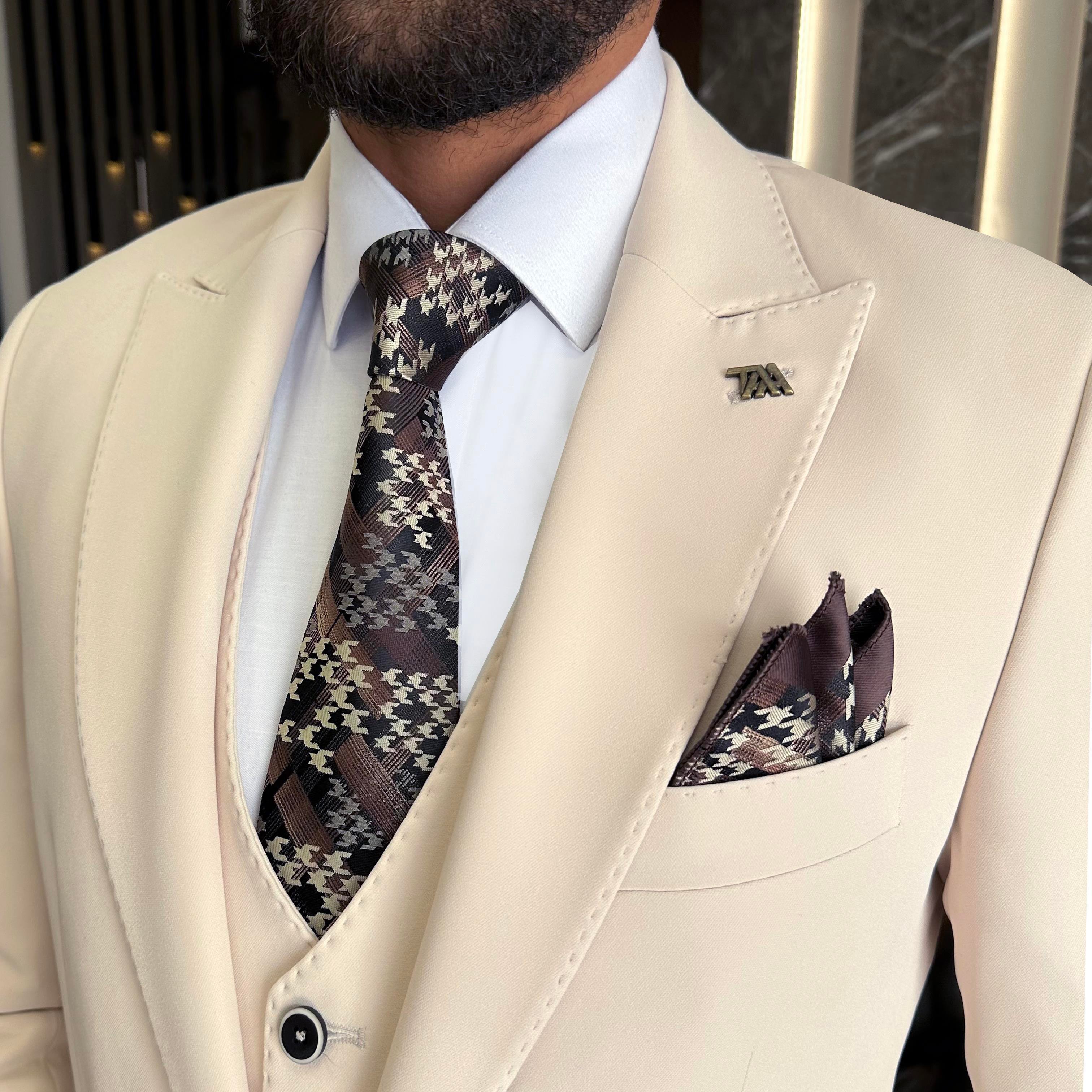 İtalyan stil slim fit 8 drop ceket yelek pantolon takım elbise bej T10310