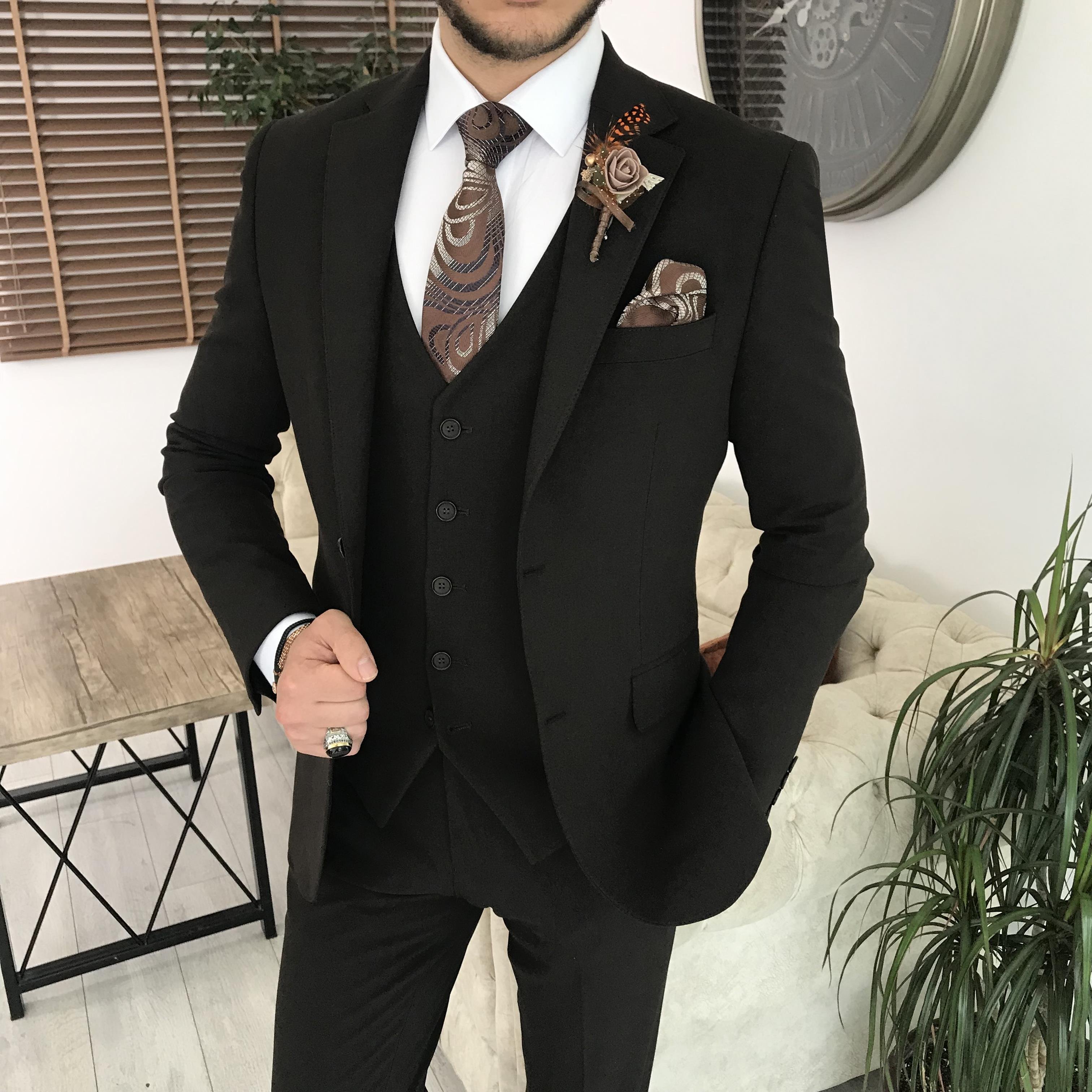 İtalyan stil slim fit 8 drop ceket yelek pantolon takım elbise kahverengi T9988