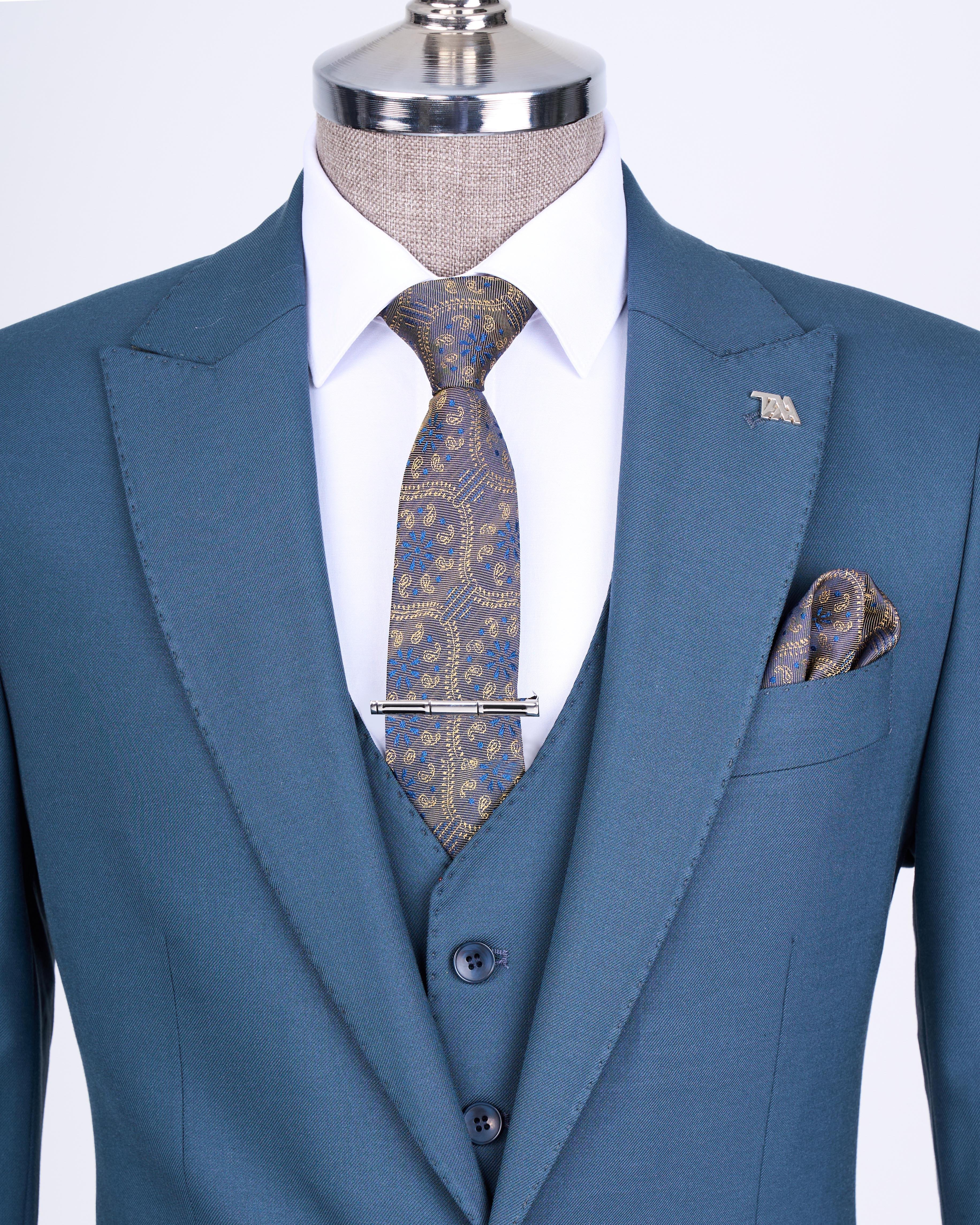 Italian style slim fit 8 drop jacket vest pants suit green T12631