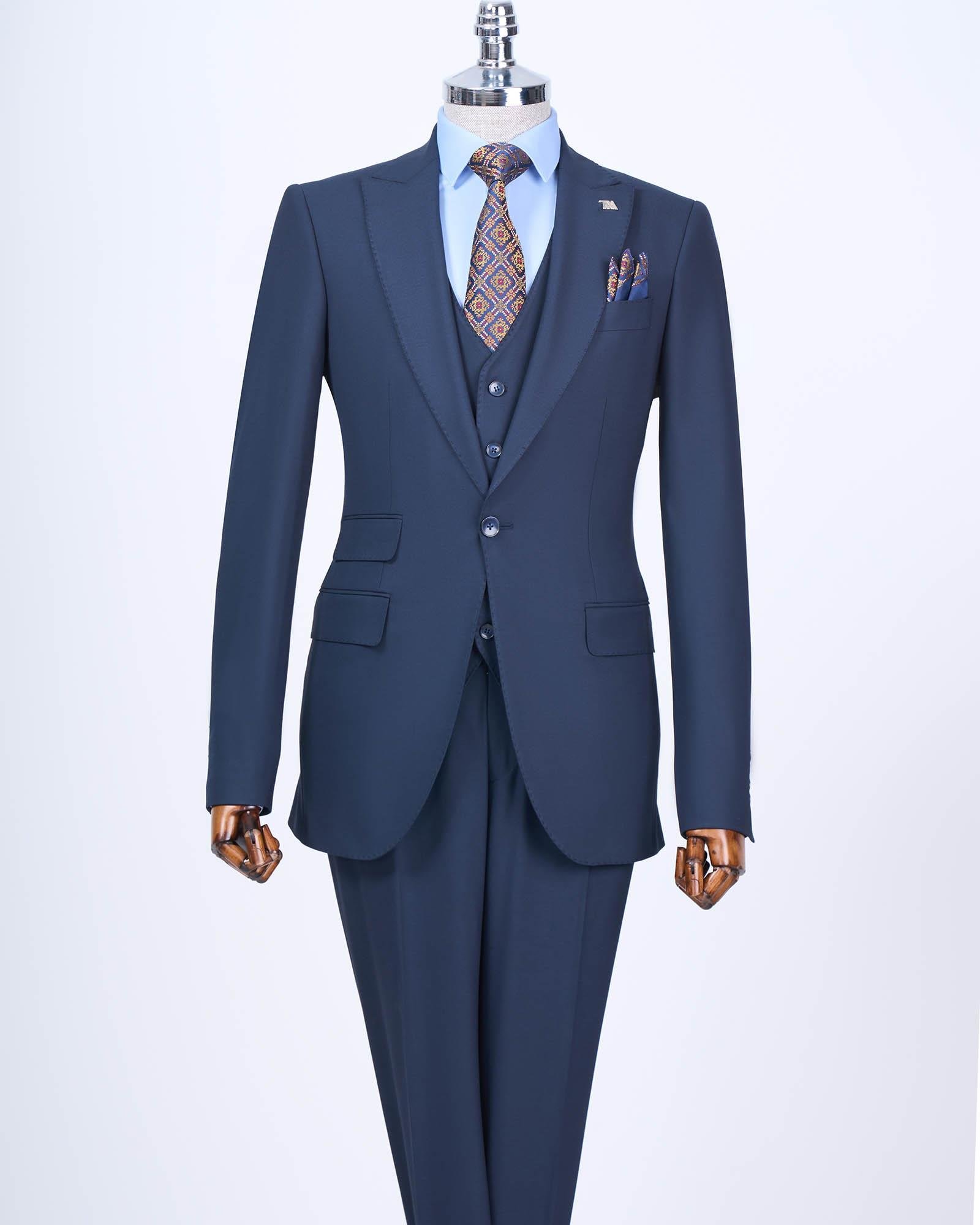 İtalyan stil slim fit 8 drop ceket yelek pantolon takım elbise lacivert T12728