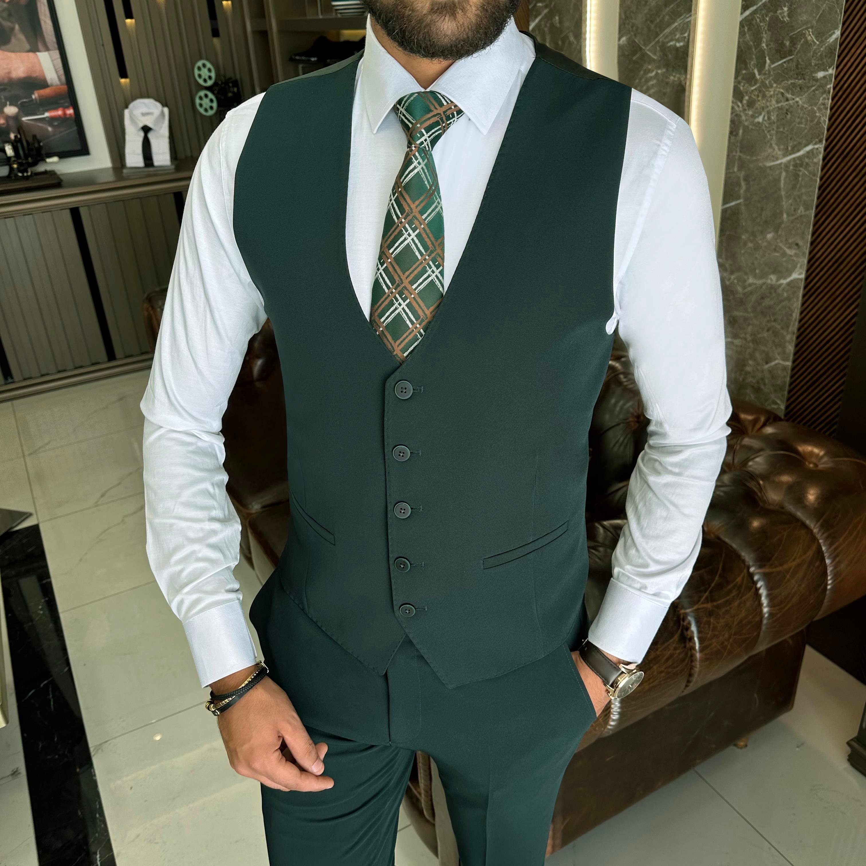 İtalyan stil slim fit 8 drop ceket yelek pantolon takım elbise yeşil T10308