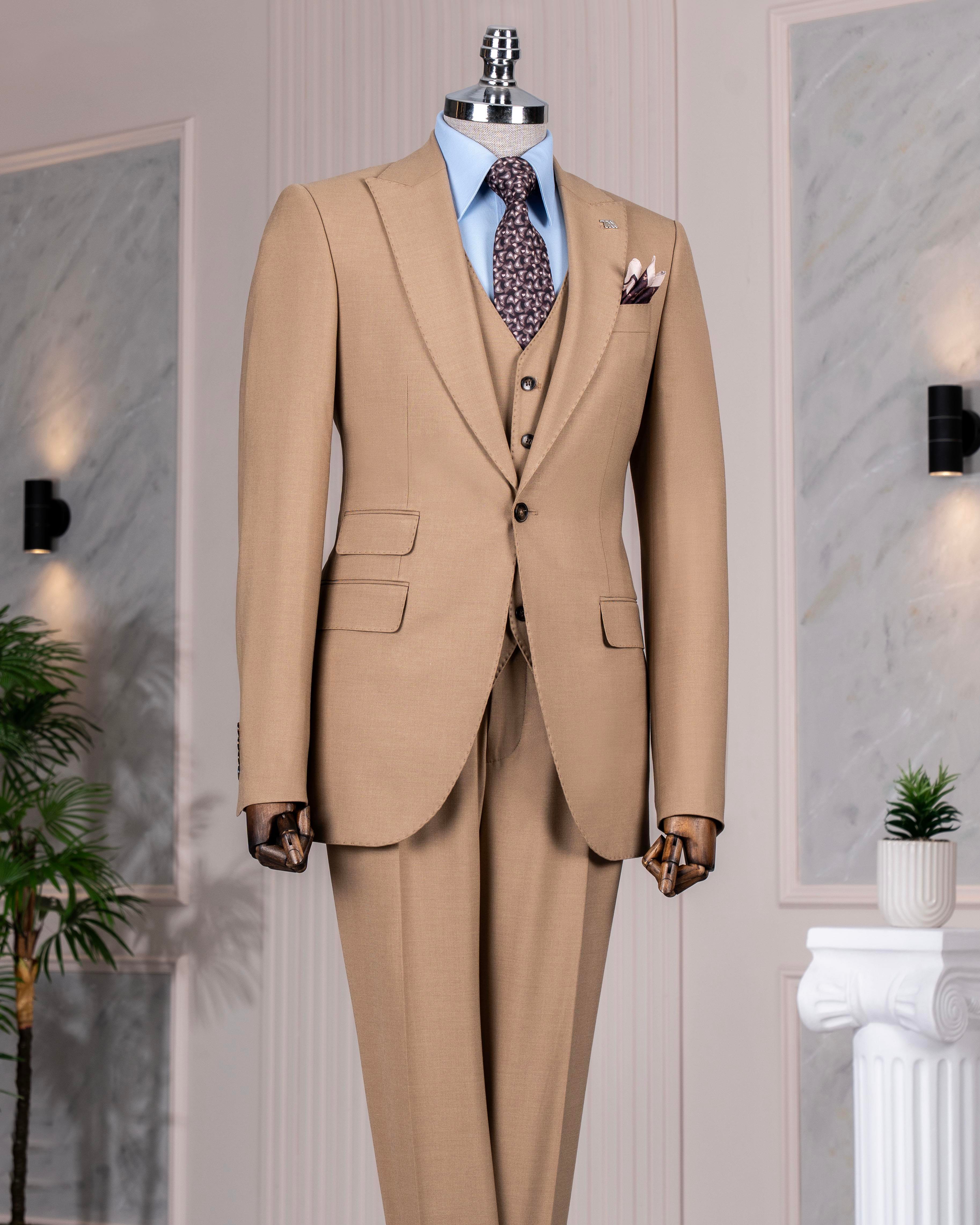 Italian style slim fit 8 drop jacket vest pants suit camel T12632