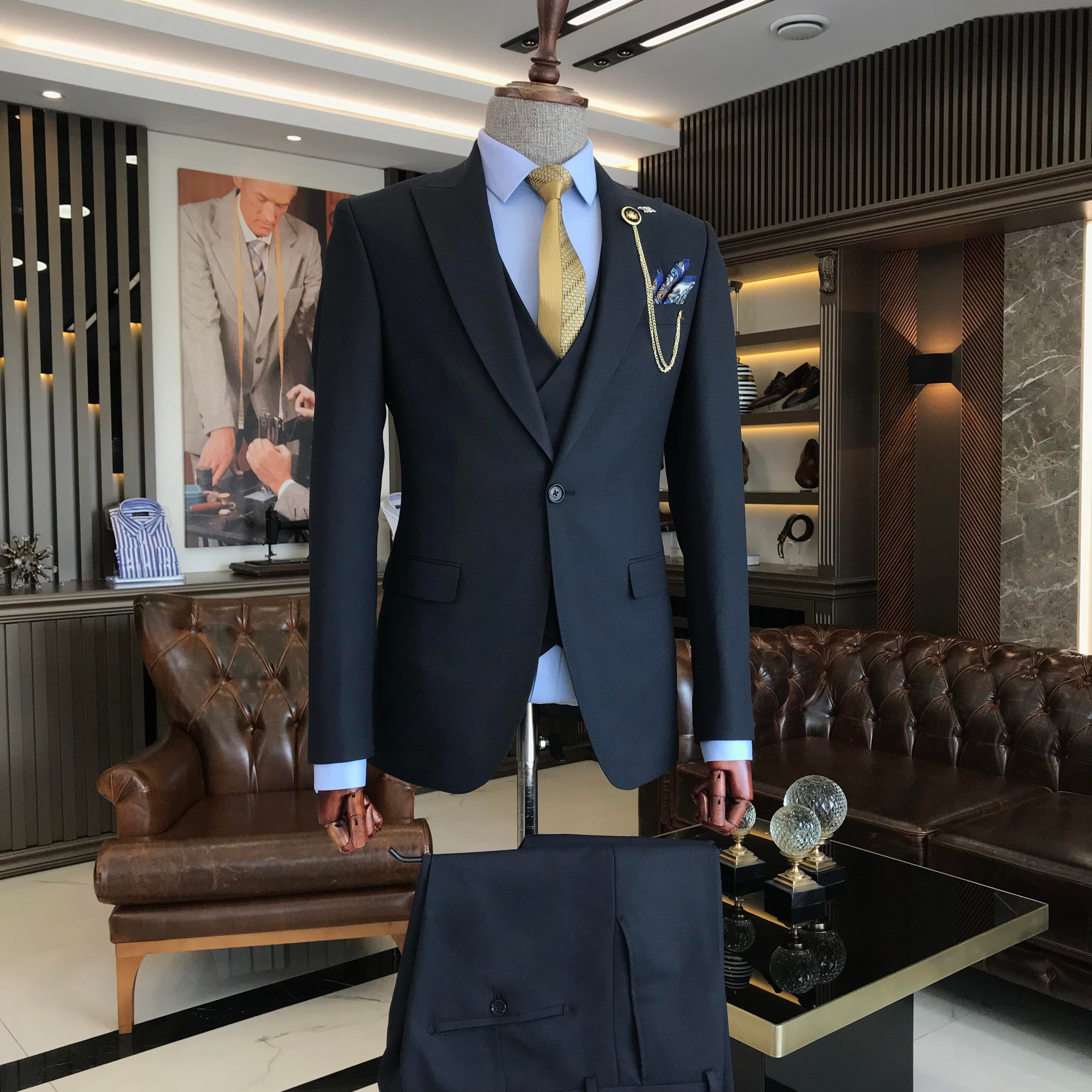 İtalyan stil slim fit 8 drop ceket yelek pantolon takım elbise lacivert T9986