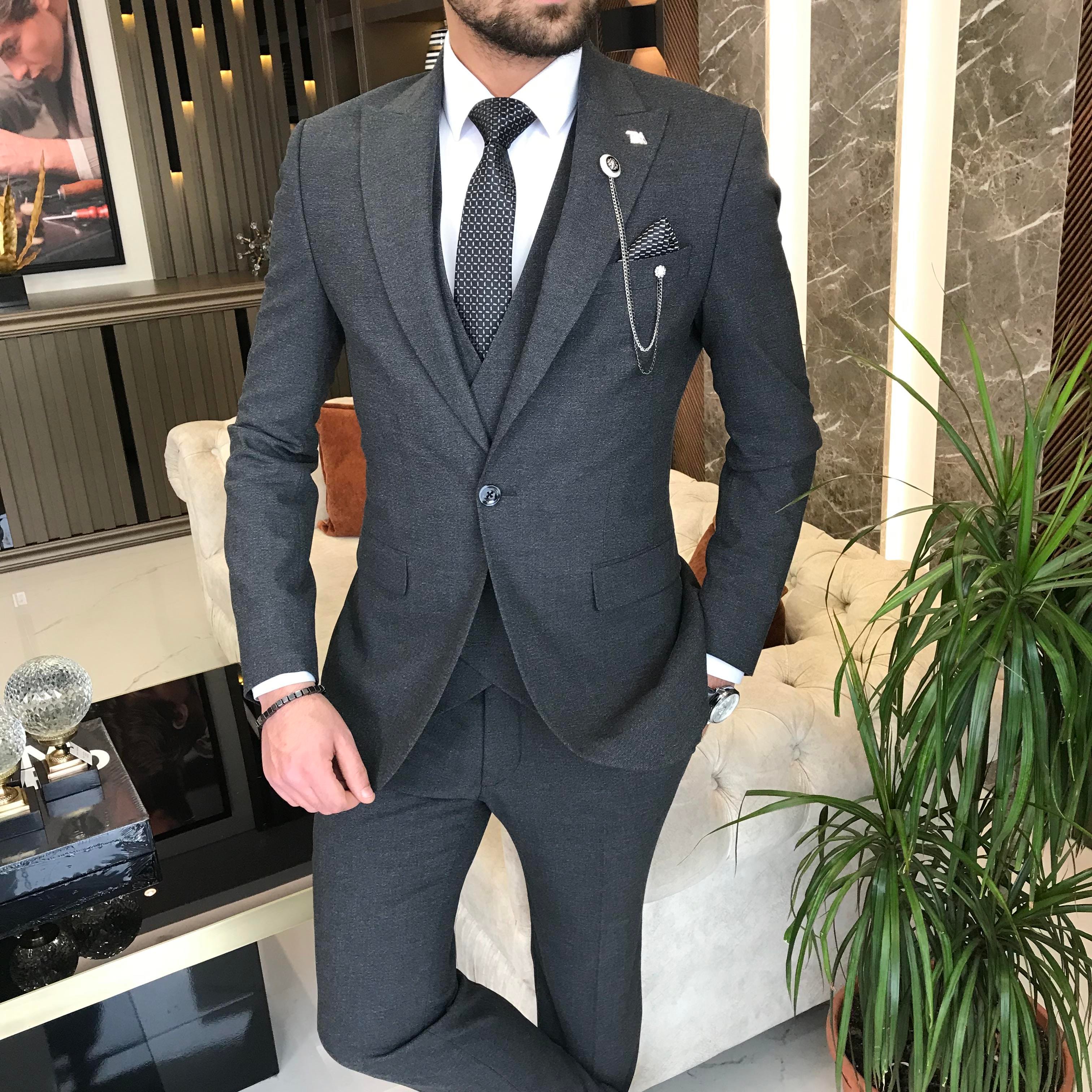 İtalyan stil slim fit 8 drop ceket yelek pantolon takım elbise antrasit T9989