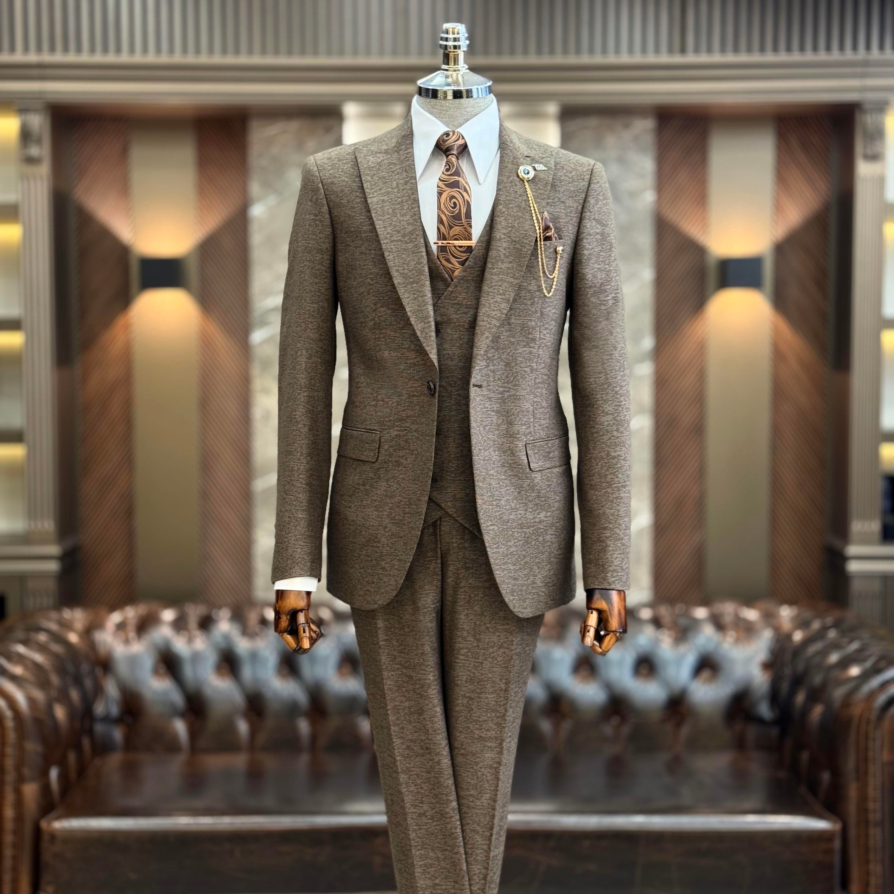 İtalyan stil slim fit 8 drop ceket yelek pantolon takım elbise kahverengi T9972