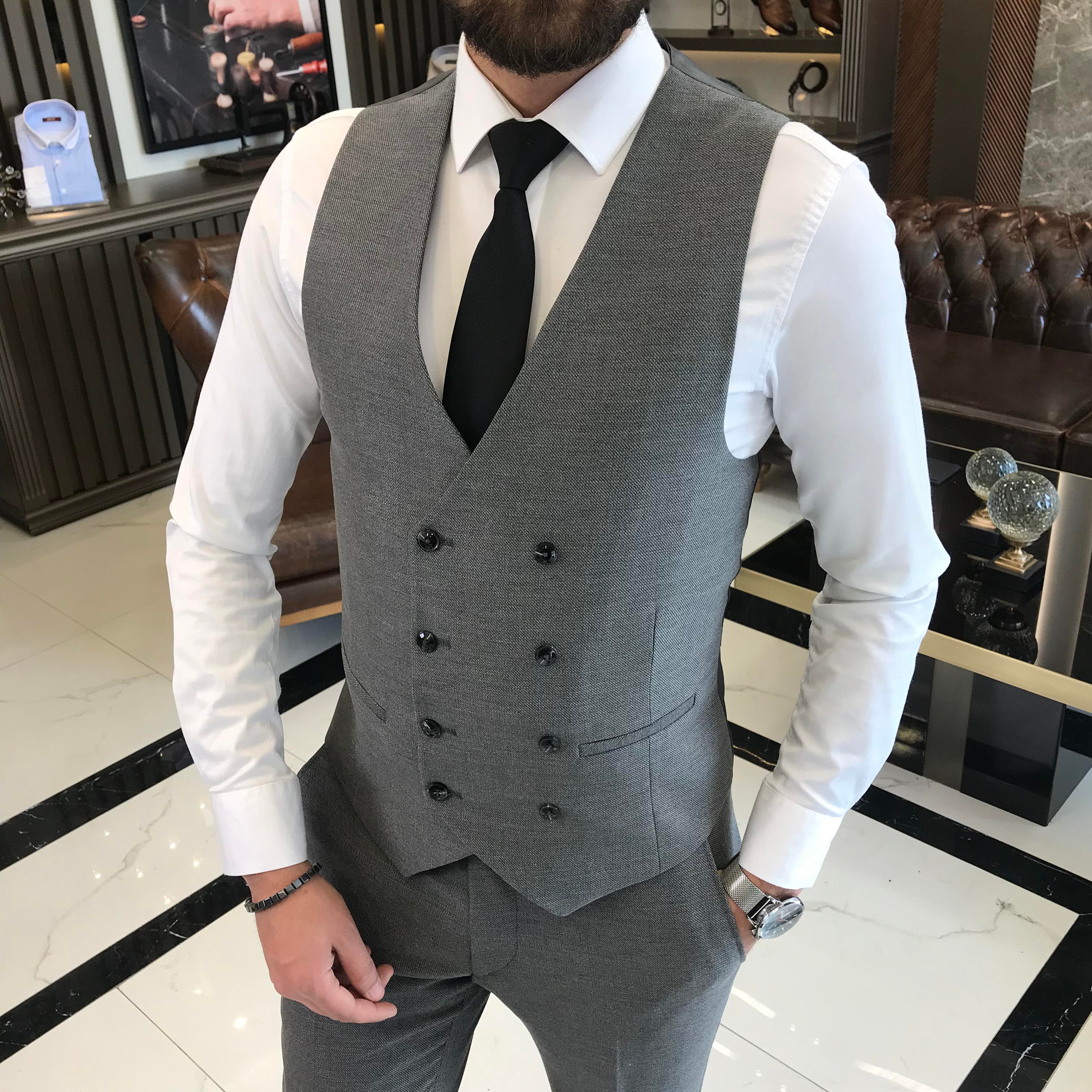 İtalyan stil slim fit 8 drop ceket yelek pantolon takım elbise gri T9991