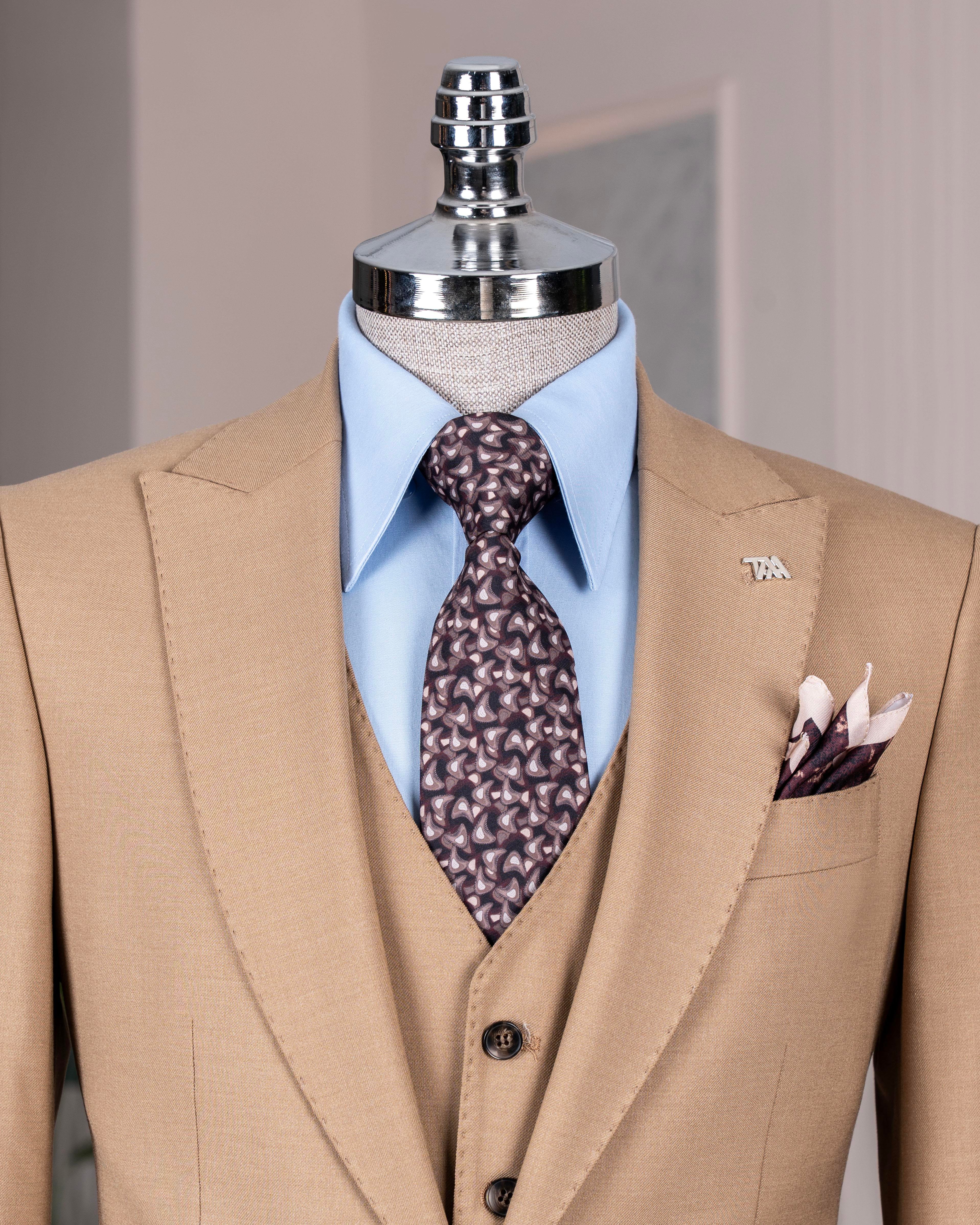 Italian style slim fit 8 drop jacket vest pants suit camel T12632